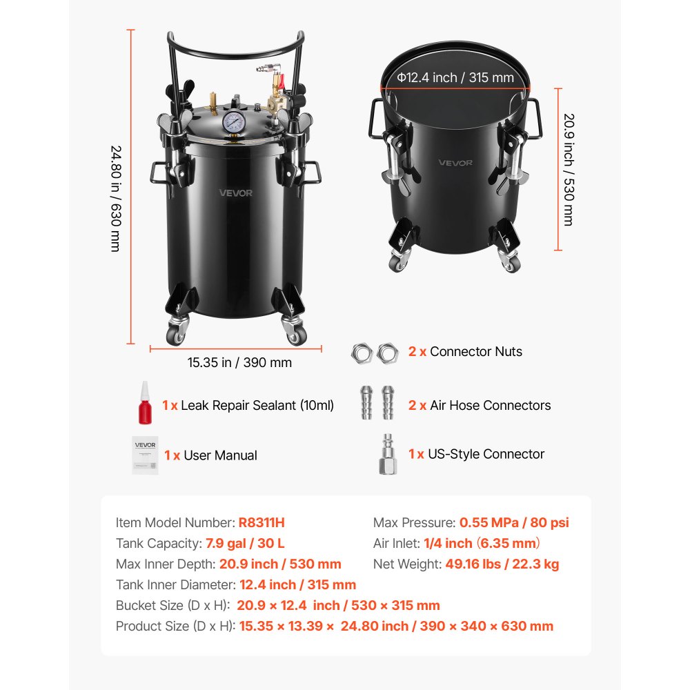 VEVOR Tanque de Presión para Pintura en Aerosol, 30 L, con 2 Conectores UE/AU para Estudios Creativos y Aficionados al Bricolaje, con Acoplamientos Rápidos y 4 Ruedas, 390 x 340 x 630 mm, Negro