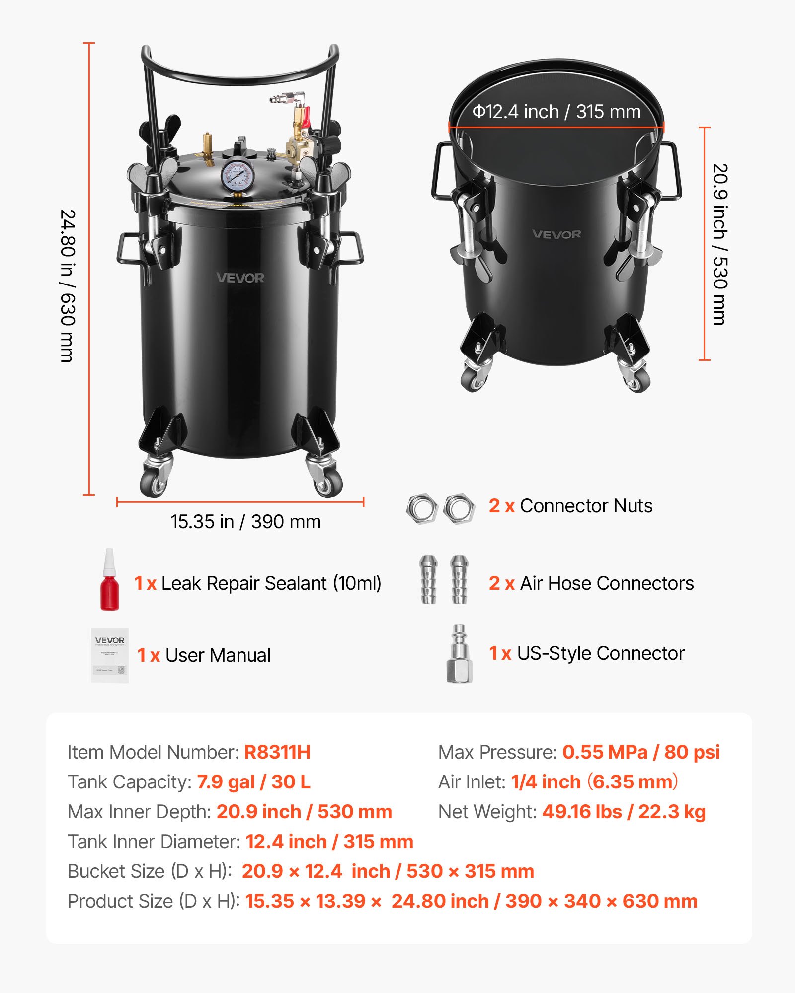 VEVOR Tanque de Presión, Capacidad de 30 Litros, con 2 Conectores UE/AU para Estudios Creativos y Aficionados al Bricolaje, con Acoplamientos Rápidos y Cuatro Ruedas, 390 x 340 x 630 mm, Color Negro