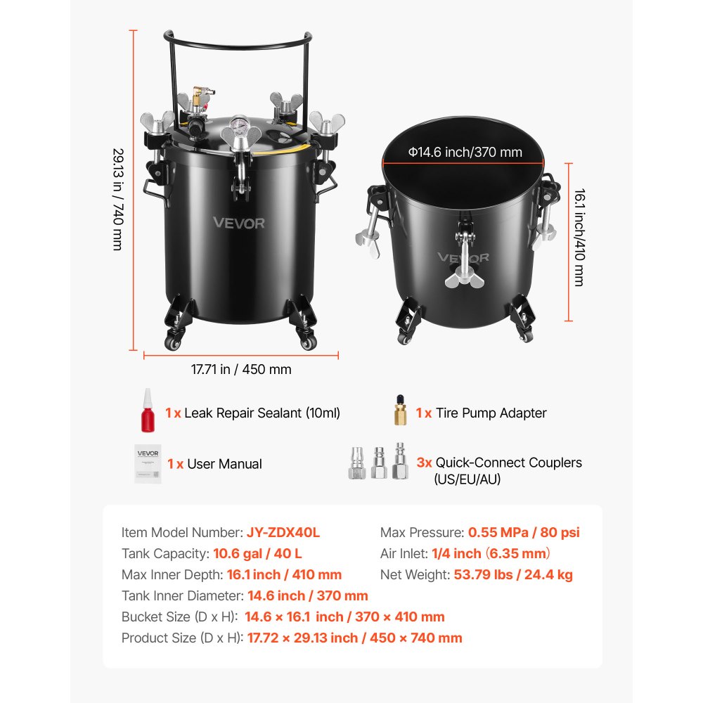 VEVOR Tanque de Presión para Pintura en Aerosol, 40 L, con 3 Conectores Rápidos UE/AU/EE. UU. para Aficionados al Bricolaje o Artistas de Estudio, 4 Ruedas, hasta 0,55 MPa, 450 x 450 x 740 mm