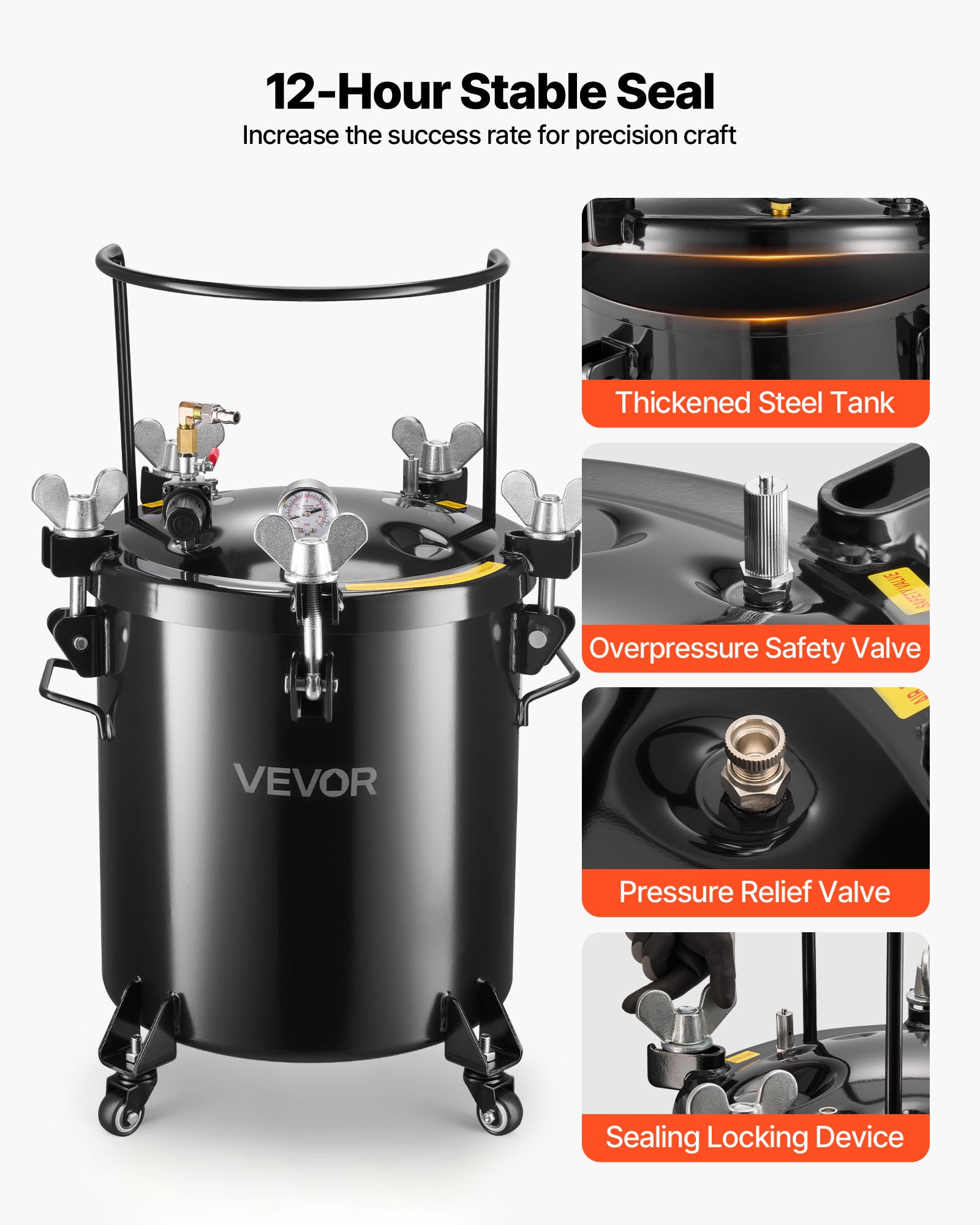 VEVOR Tanque de Presión para Pintura en Aerosol, 40 L, con 3 Conectores Rápidos UE/AU/EE. UU. para Aficionados al Bricolaje o Artistas de Estudio, 4 Ruedas, hasta 0,55 MPa, 450 x 450 x 740 mm