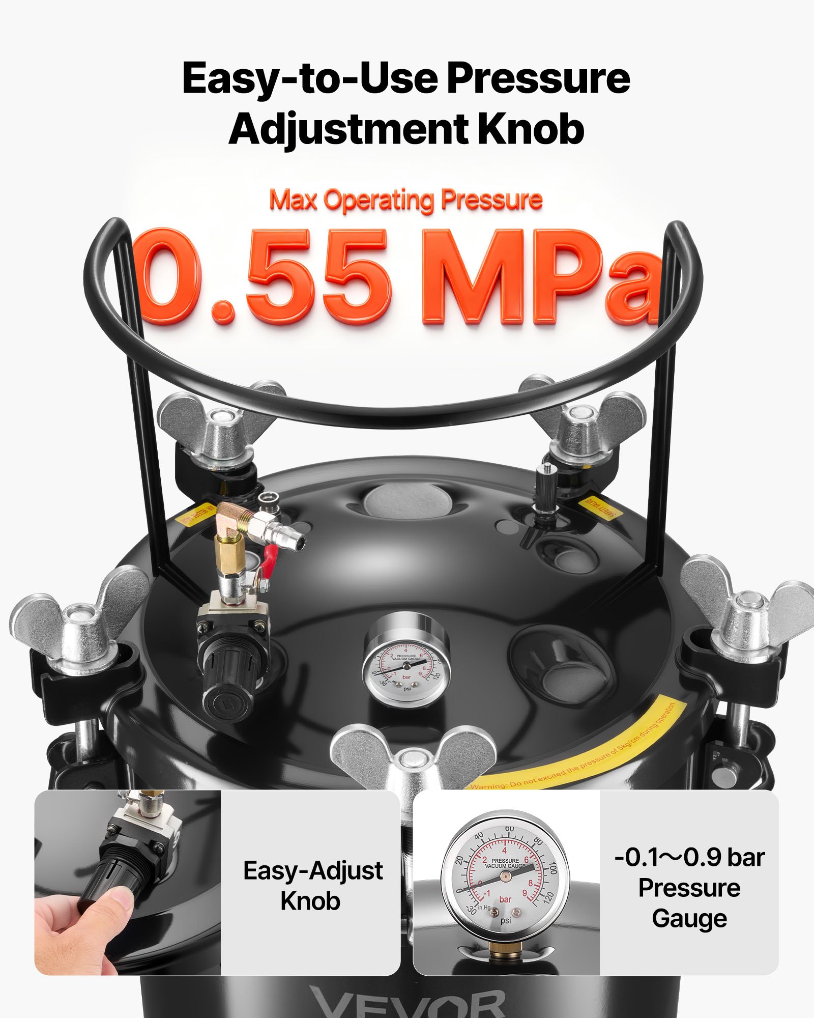 VEVOR Tanque de Presión para Pintura en Aerosol, 40 L, con 3 Conectores Rápidos UE/AU/EE. UU. para Aficionados al Bricolaje o Artistas de Estudio, 4 Ruedas, hasta 0,55 MPa, 450 x 450 x 740 mm