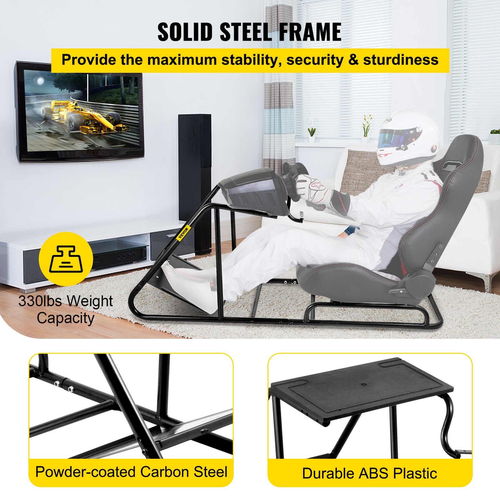VEVOR Soporte de Asiento de Volante 56x18,5x23" Soporte para Asiento 200kg Acero al Carbono Soporte de Silla de Juego para PS4 PS3 Xbox One Xbox 360 Logitech Thrustmaster Fanatec Simcube (Sin Asiento)