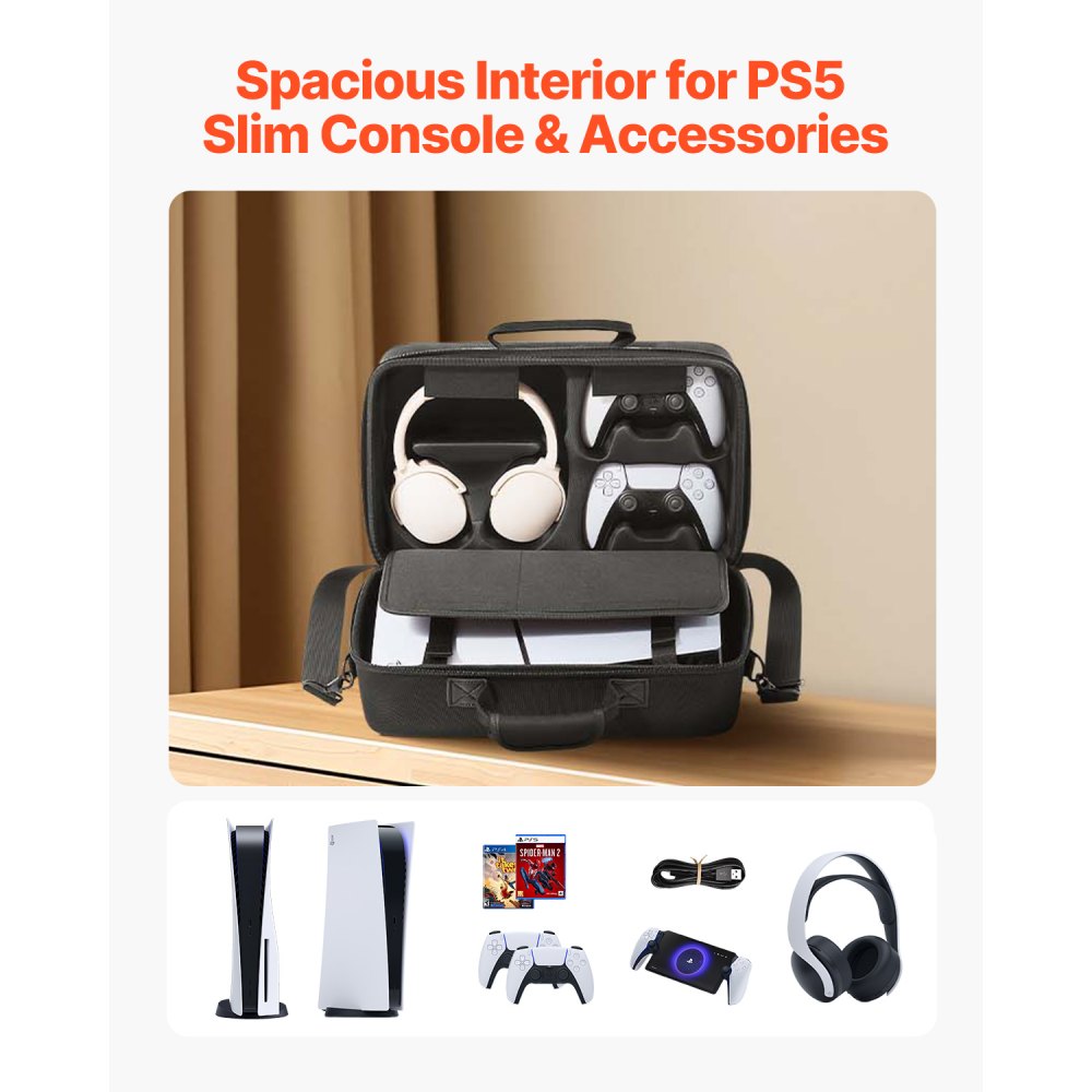 VEVOR Estuche de Transporte PS5, Bolsa de Viaje 395 x 190 x 250 mm para PlayStation 5 Slim EVA a Prueba de Golpes con Forro Interior Suave, Divisores Acolchados y Asa para Almacenamiento, Negro