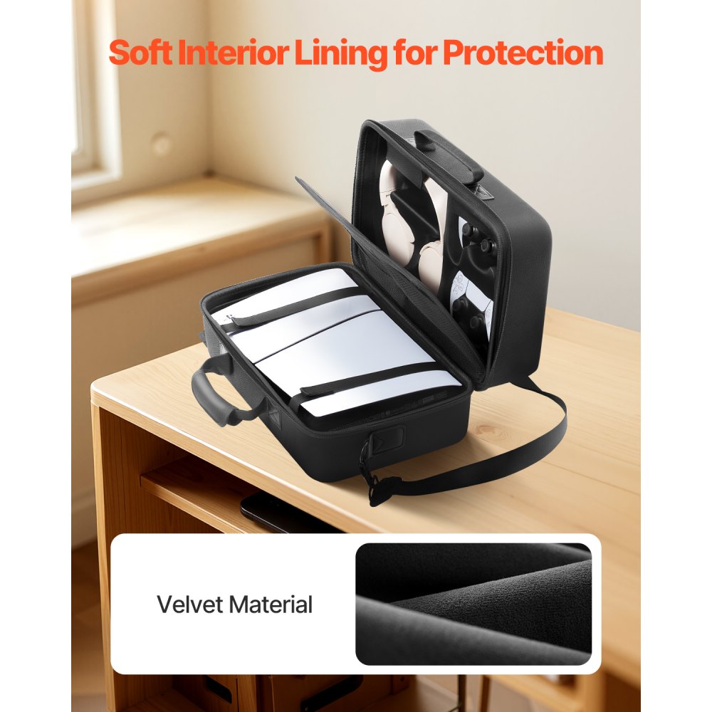 VEVOR Estuche de Transporte PS5, Bolsa de Viaje 395 x 190 x 250 mm para PlayStation 5 Slim EVA a Prueba de Golpes con Forro Interior Suave, Divisores Acolchados y Asa para Almacenamiento, Negro