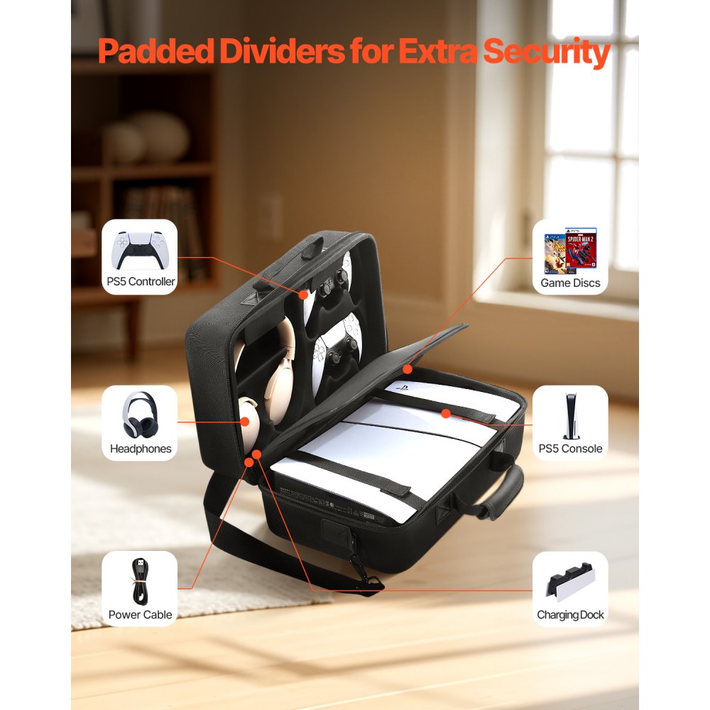 VEVOR Estuche de Transporte PS5, Bolsa de Viaje 395 x 190 x 250 mm para PlayStation 5 Slim EVA a Prueba de Golpes con Forro Interior Suave, Divisores Acolchados y Asa para Almacenamiento, Negro