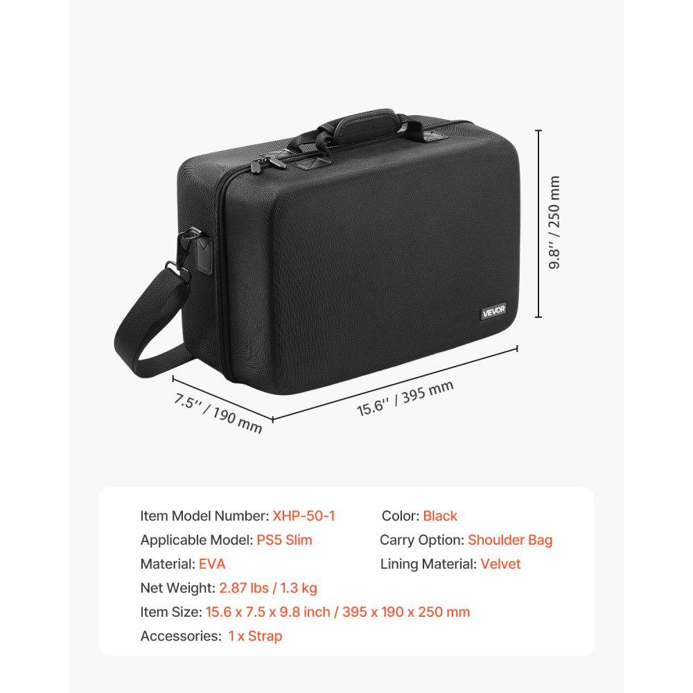 VEVOR Estuche de Transporte PS5, Bolsa de Viaje 395 x 190 x 250 mm para PlayStation 5 Slim EVA a Prueba de Golpes con Forro Interior Suave, Divisores Acolchados y Asa para Almacenamiento, Negro