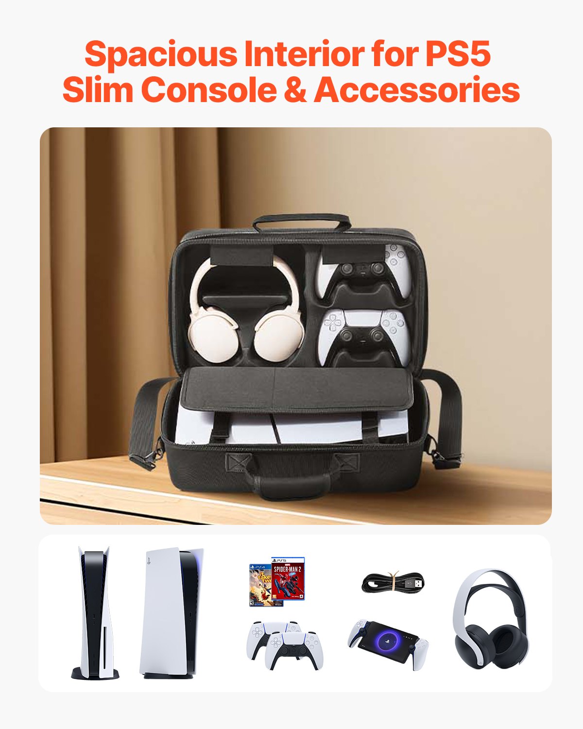 VEVOR Estuche de Transporte PS5, Bolsa de Viaje 395 x 190 x 250 mm para PlayStation 5 Slim EVA a Prueba de Golpes con Forro Interior Suave, Divisores Acolchados y Asa para Almacenamiento, Negro