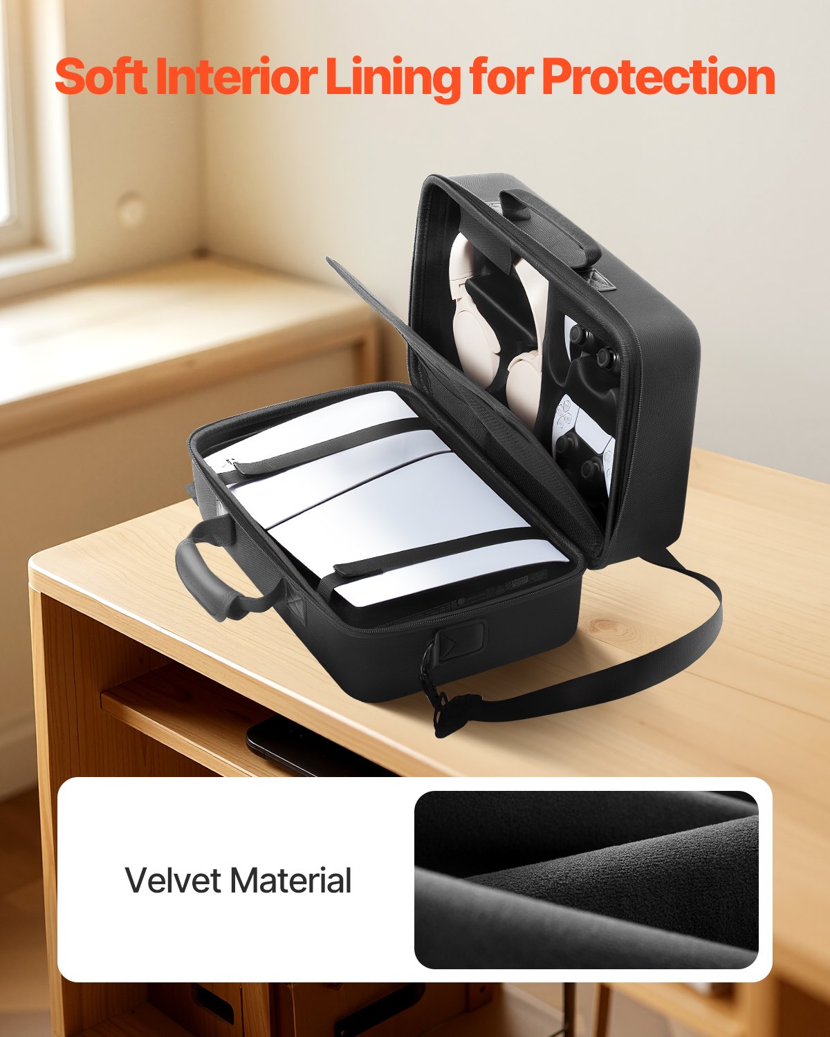 VEVOR Estuche de Transporte PS5, Bolsa de Viaje 395 x 190 x 250 mm para PlayStation 5 Slim EVA a Prueba de Golpes con Forro Interior Suave, Divisores Acolchados y Asa para Almacenamiento, Negro