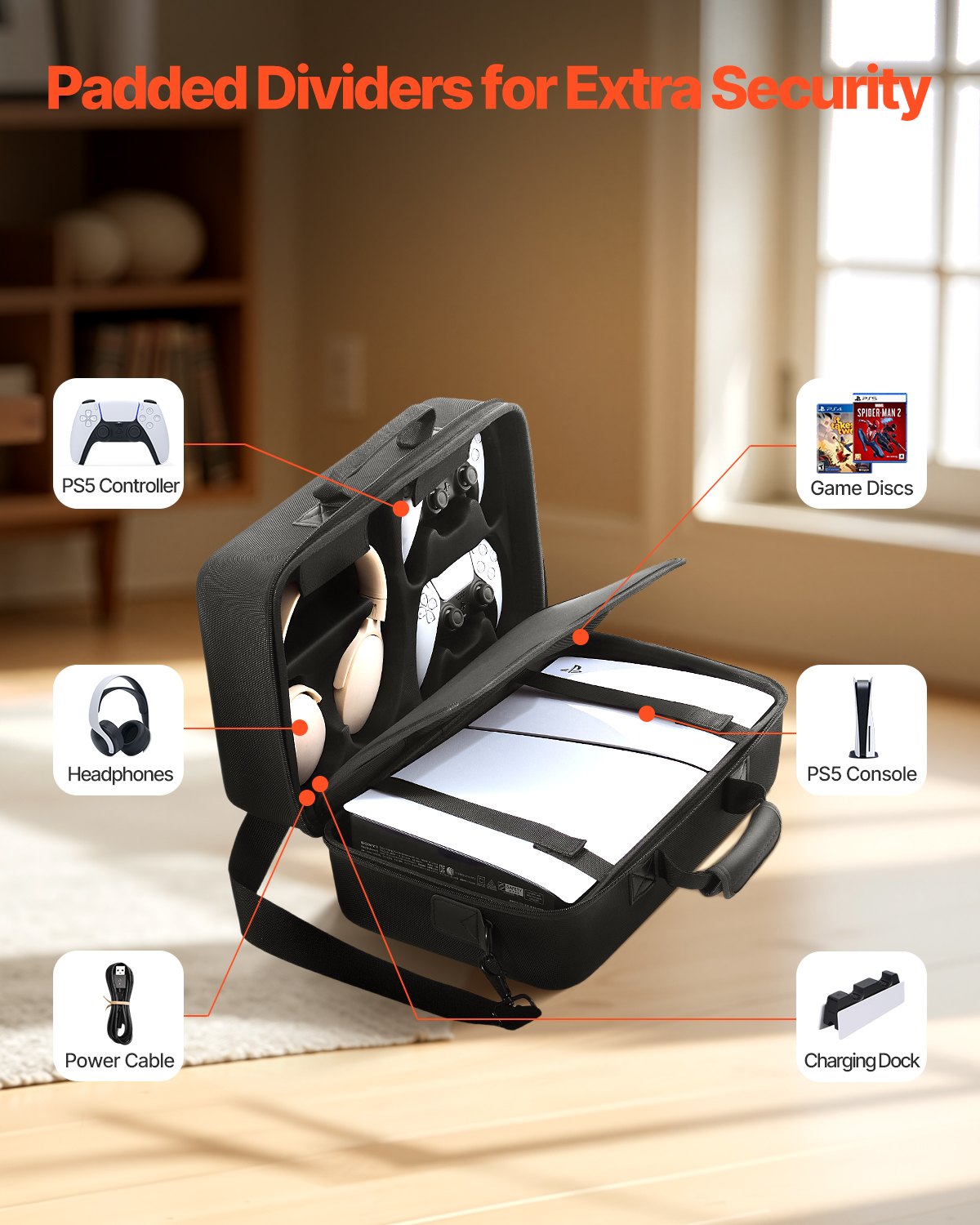 VEVOR Estuche de Transporte PS5, Bolsa de Viaje 395 x 190 x 250 mm para PlayStation 5 Slim EVA a Prueba de Golpes con Forro Interior Suave, Divisores Acolchados y Asa para Almacenamiento, Negro