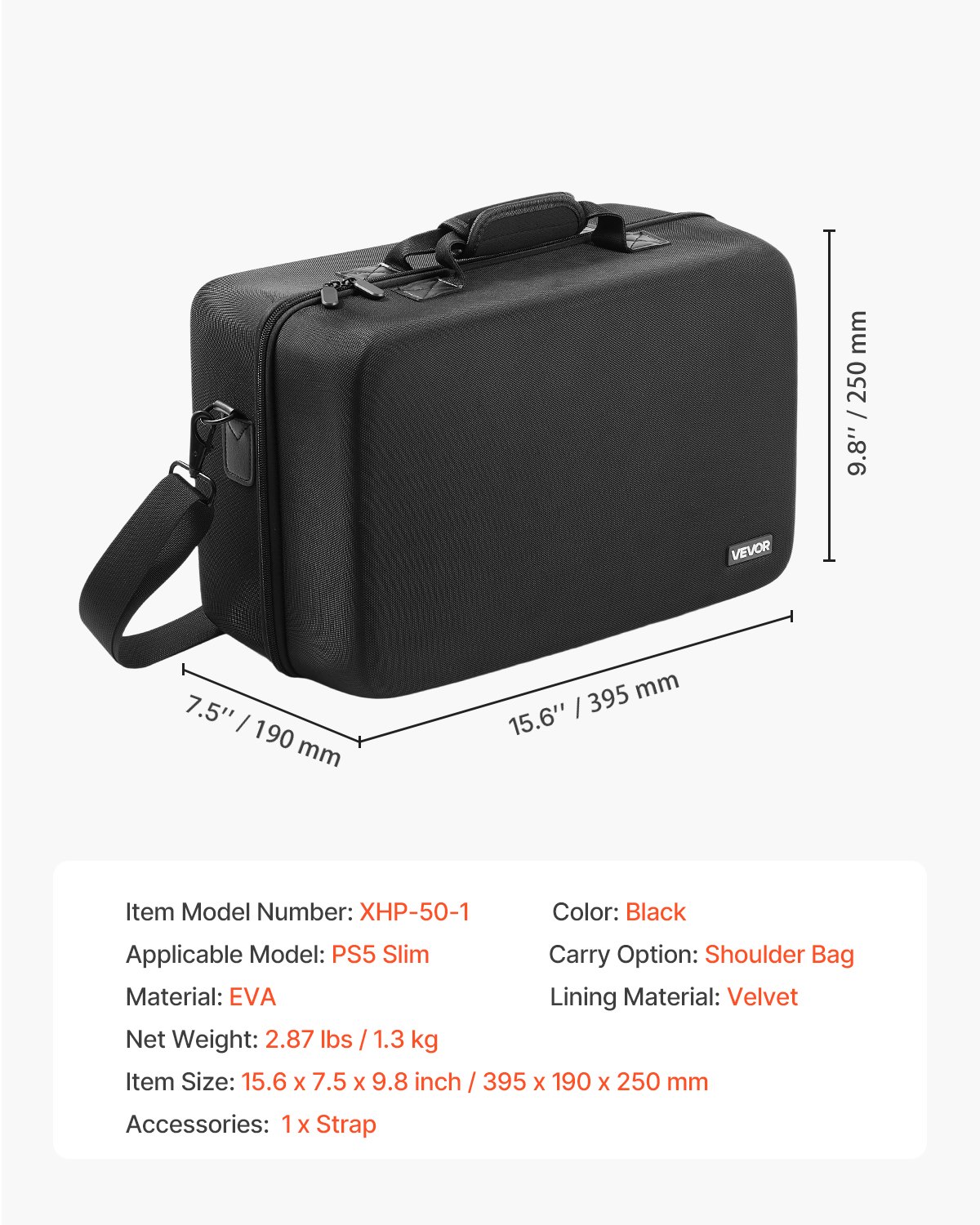 VEVOR Estuche de Transporte PS5, Bolsa de Viaje 395 x 190 x 250 mm para PlayStation 5 Slim EVA a Prueba de Golpes con Forro Interior Suave, Divisores Acolchados y Asa para Almacenamiento, Negro