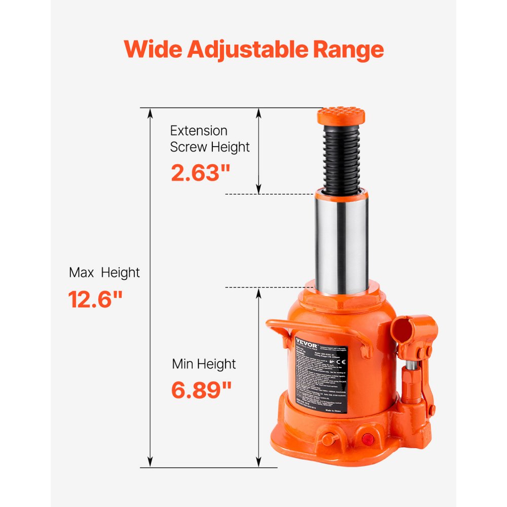VEVOR Gato Hidráulico de Botella 20 T Manual Gato de Botella Soldado Rango de Elevación de 175-320 mm Mango Largo de 3 Secciones para Automóviles, Reparación de Automóviles, Ingeniería Industrial