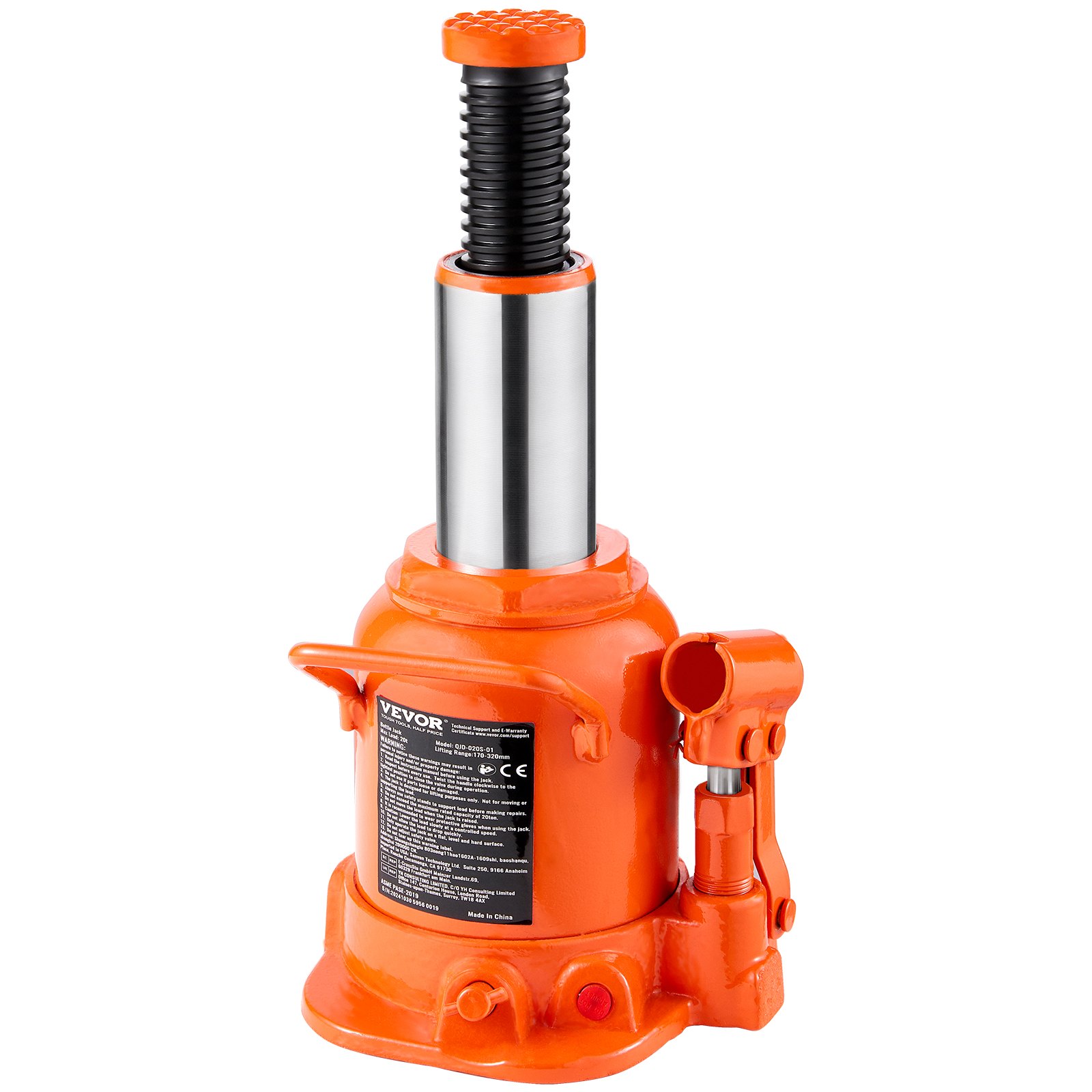 VEVOR Gato Hidráulico de Botella 20 T Manual Gato de Botella Soldado Rango de Elevación de 175-320 mm Mango Largo de 3 Secciones para Automóviles, Reparación de Automóviles, Ingeniería Industrial