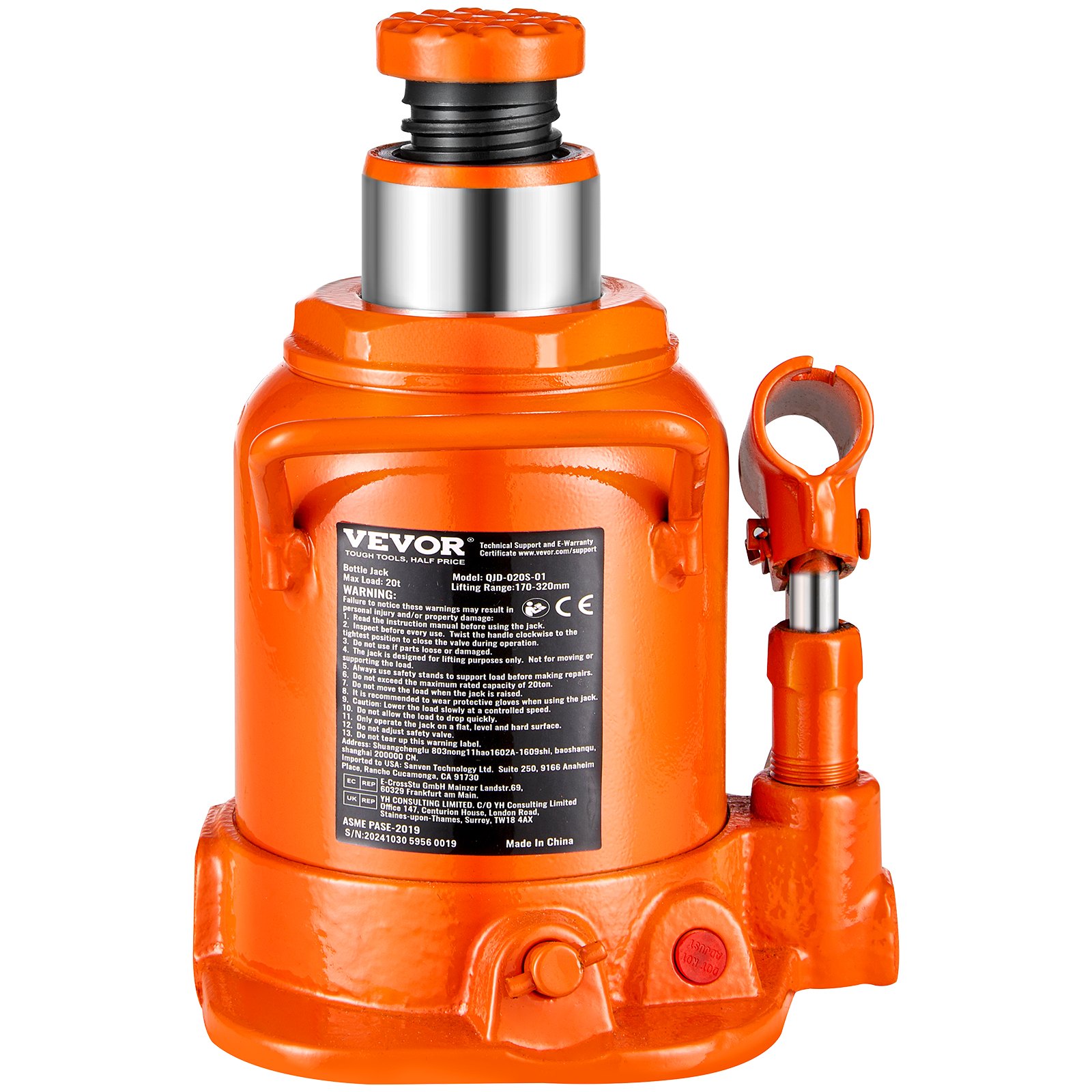 VEVOR Gato Hidráulico de Botella 20 T Manual Gato de Botella Soldado Rango de Elevación de 175-320 mm Mango Largo de 3 Secciones para Automóviles, Reparación de Automóviles, Ingeniería Industrial