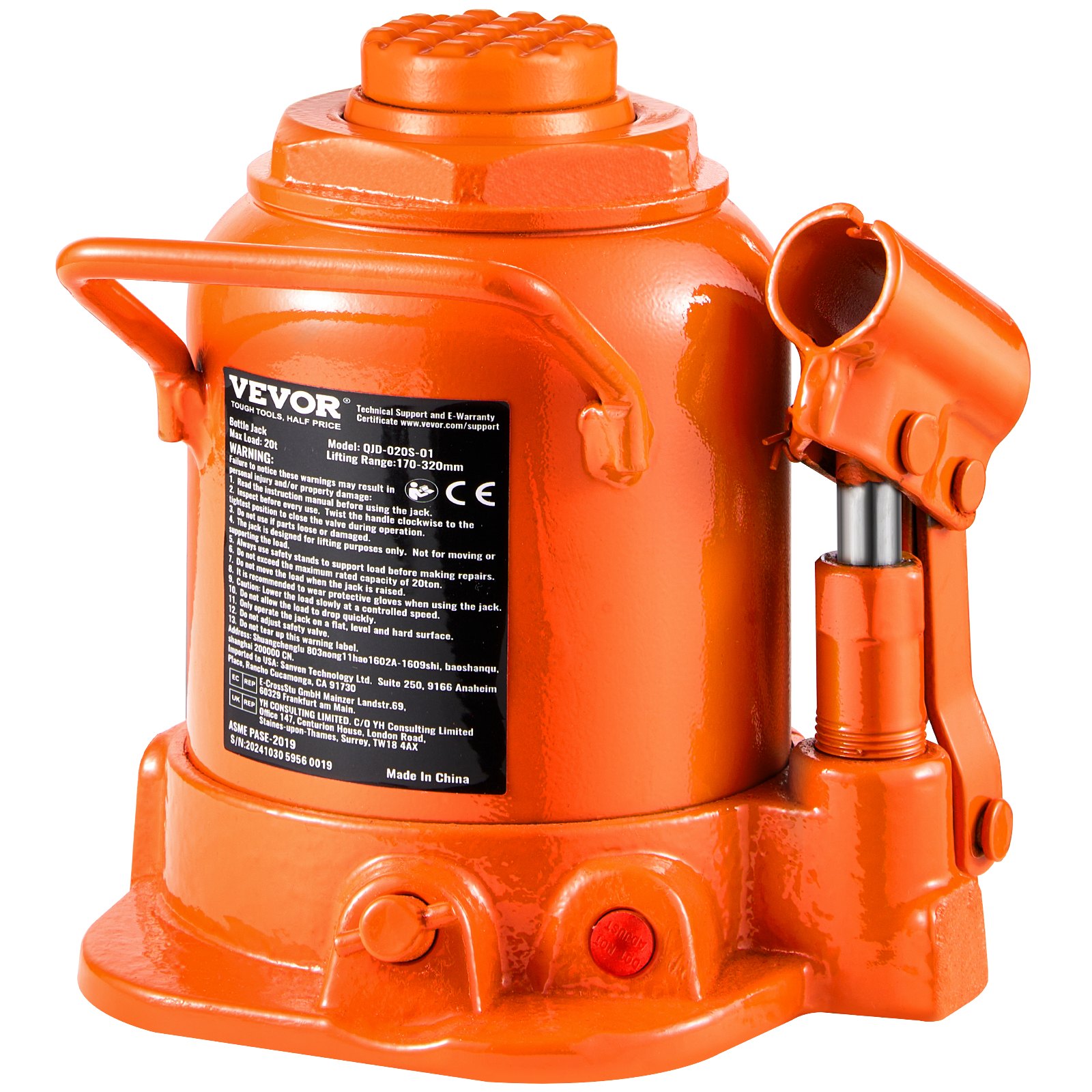 VEVOR Gato Hidráulico de Botella 20 T Manual Gato de Botella Soldado Rango de Elevación de 175-320 mm Mango Largo de 3 Secciones para Automóviles, Reparación de Automóviles, Ingeniería Industrial