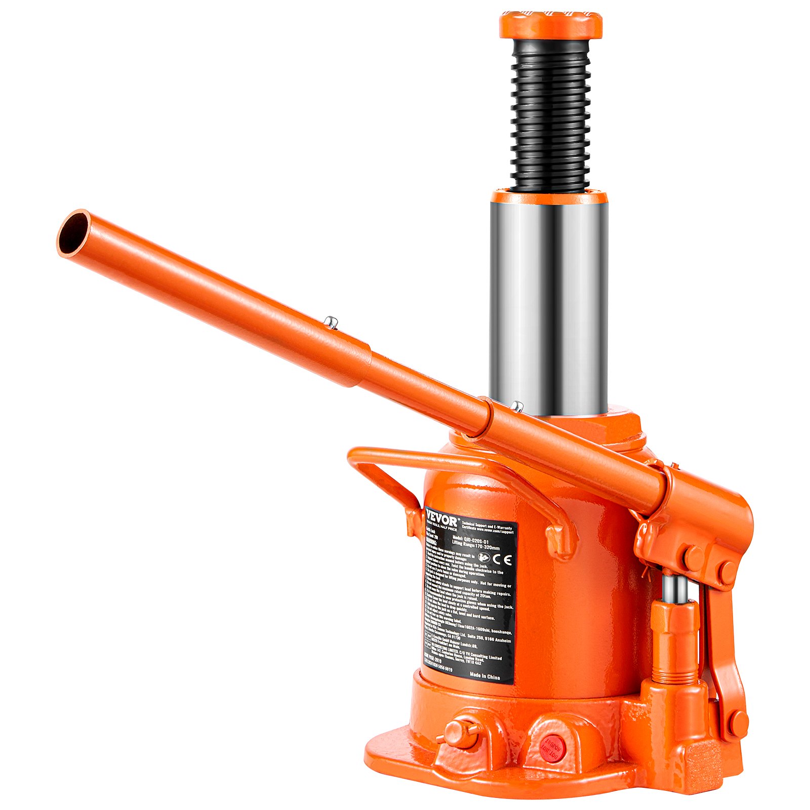 VEVOR Gato Hidráulico de Botella 20 T Manual Gato de Botella Soldado Rango de Elevación de 175-320 mm Mango Largo de 3 Secciones para Automóviles, Reparación de Automóviles, Ingeniería Industrial