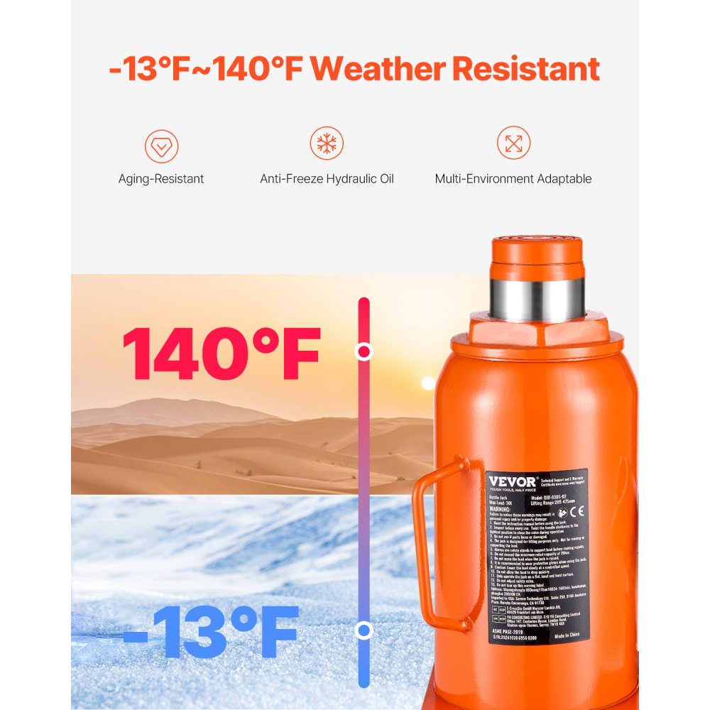 VEVOR Gato Hidráulico de Botella 30 T Manual Gato de Botella Soldado Rango de Elevación de 285-475 mm Mango Largo de 3 Secciones para Automóviles, Reparación de Automóviles, Ingeniería Industrial