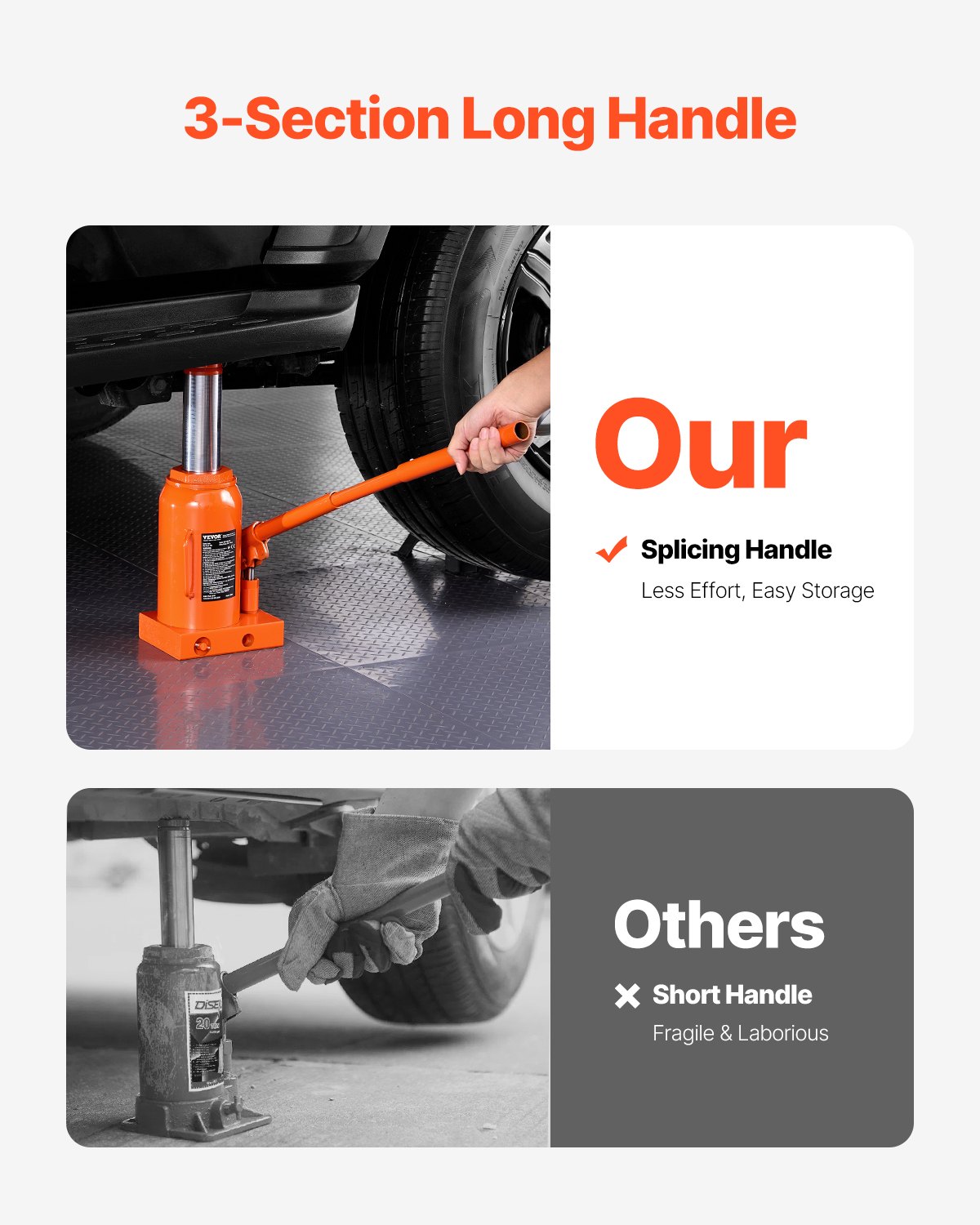 VEVOR Gato Hidráulico de Botella 30 T Manual Gato de Botella Soldado Rango de Elevación de 285-475 mm Mango Largo de 3 Secciones para Automóviles, Reparación de Automóviles, Ingeniería Industrial