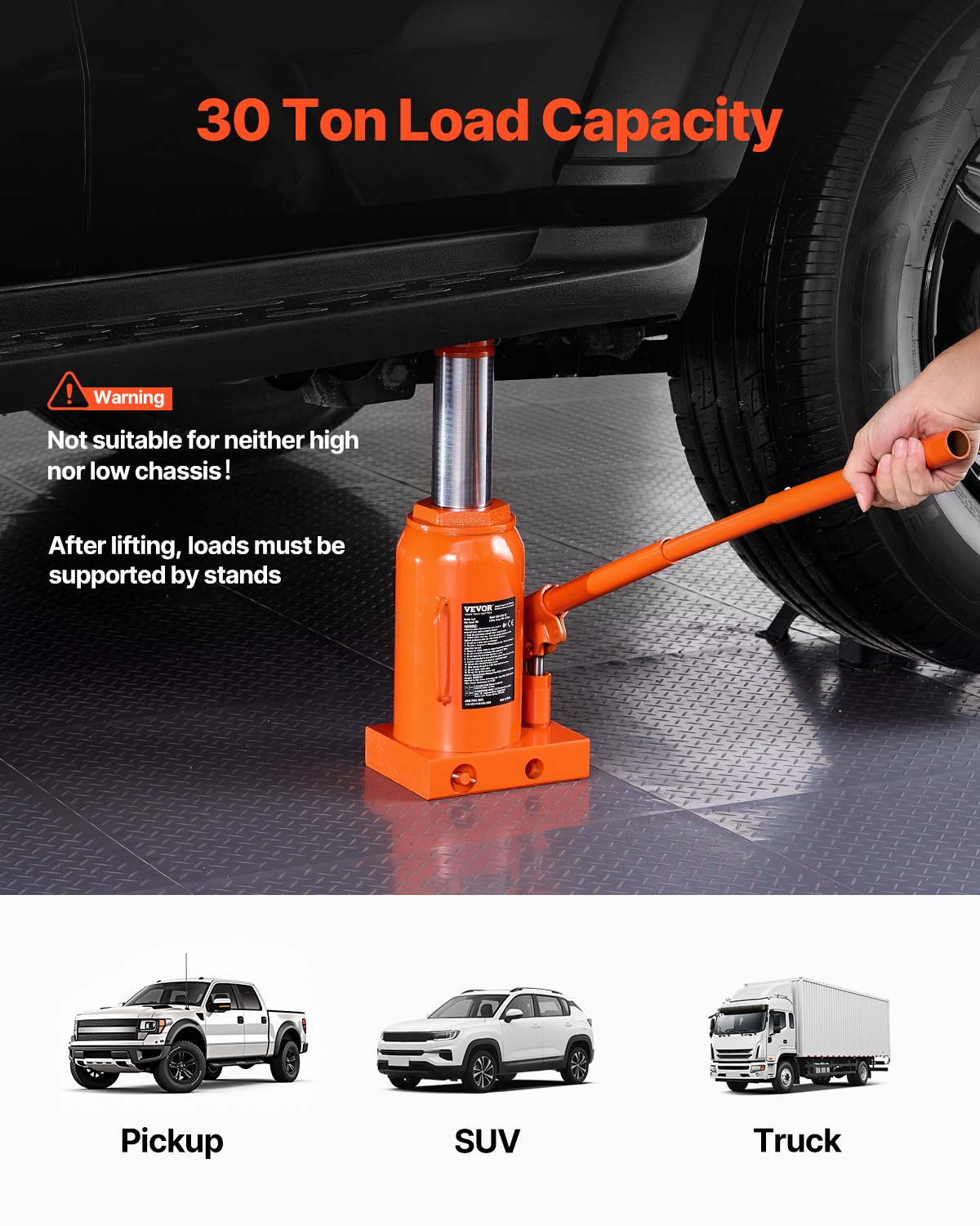 VEVOR hydraulic trolley jack 30 t bottle jack with 285-475 mm lifting range and 3-piece long handle, for car, pickup truck, truck, motorhome, auto repair, industrial technology