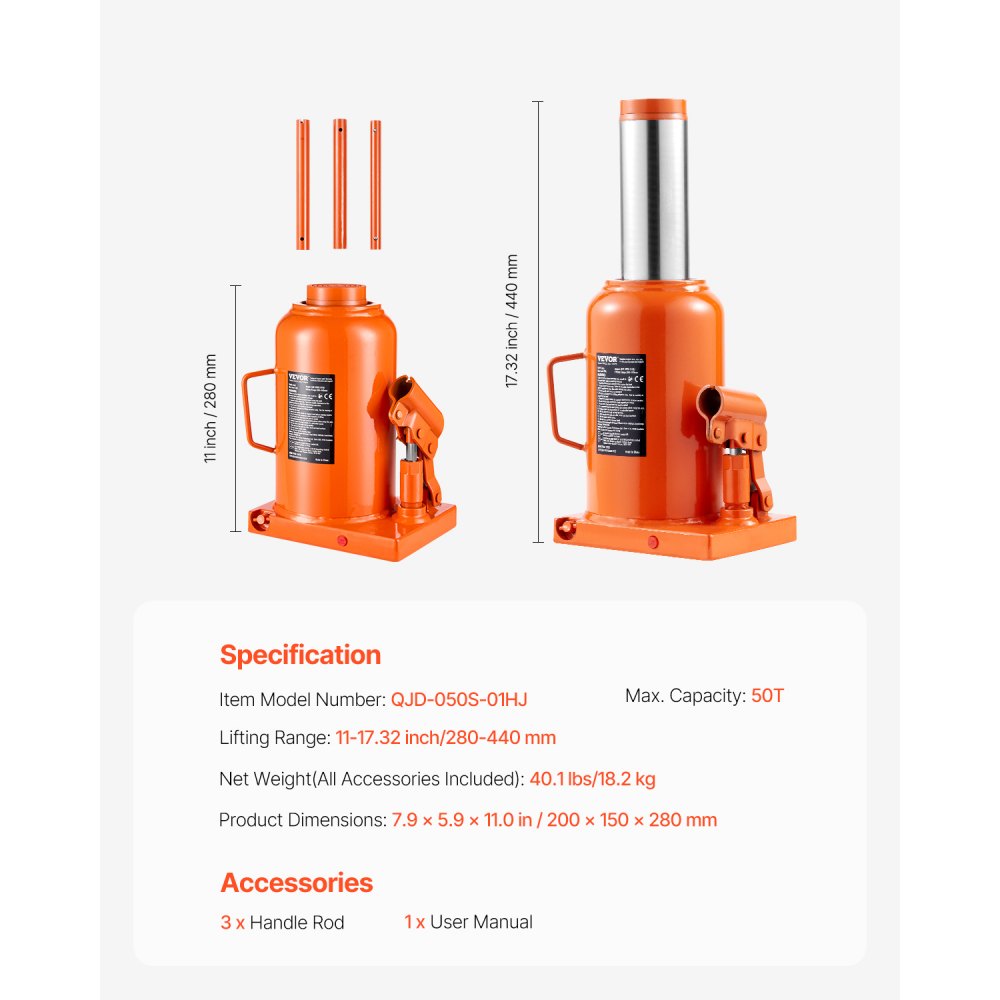 VEVOR Gato Hidráulico de Botella 50 T Manual Gato de Botella Soldado Rango de Elevación de 280-440 mm Mango Largo de 3 Secciones para Automóviles, Reparación de Automóviles, Ingeniería Industrial