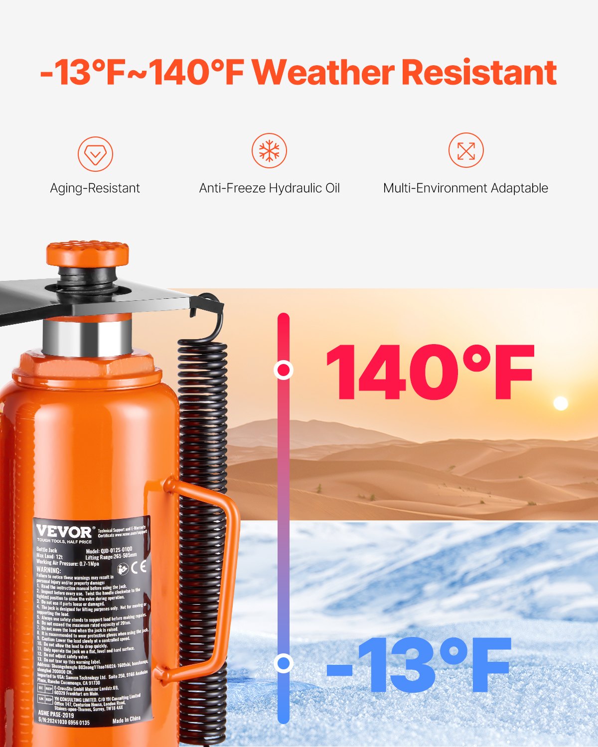 VEVOR Gato Hidráulico de Aire de Botella 12 T Gato Hidráulico de Botella Neumático Rango de Elevación de 265-505 mm Bomba Manual para Automóviles, Reparación de Automóviles, Ingeniería Industrial