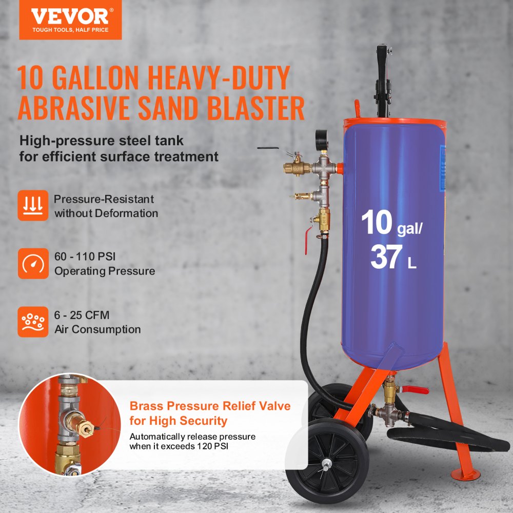 VEVOR Mobile Sandblaster 37 L Sandblasting System 2.3 m Working Hose Sandblaster 60-110 PSI Working Pressure Ideal for Removing Rust, Paint, Stains and Polishing Large Surfaces