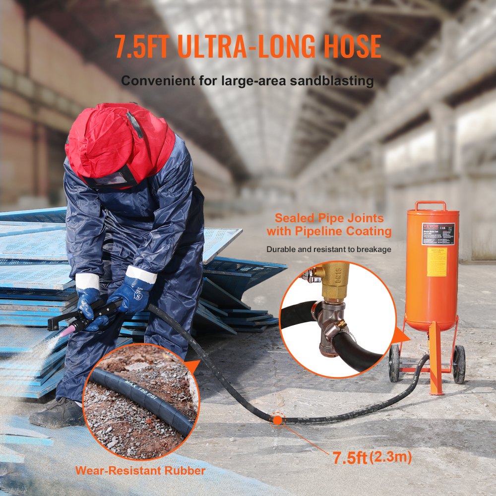 VEVOR Mobile Sandblaster 37 L Sandblasting System 2.3 m Working Hose Sandblaster 60-110 PSI Working Pressure Ideal for Removing Rust, Paint, Stains and Polishing Large Surfaces