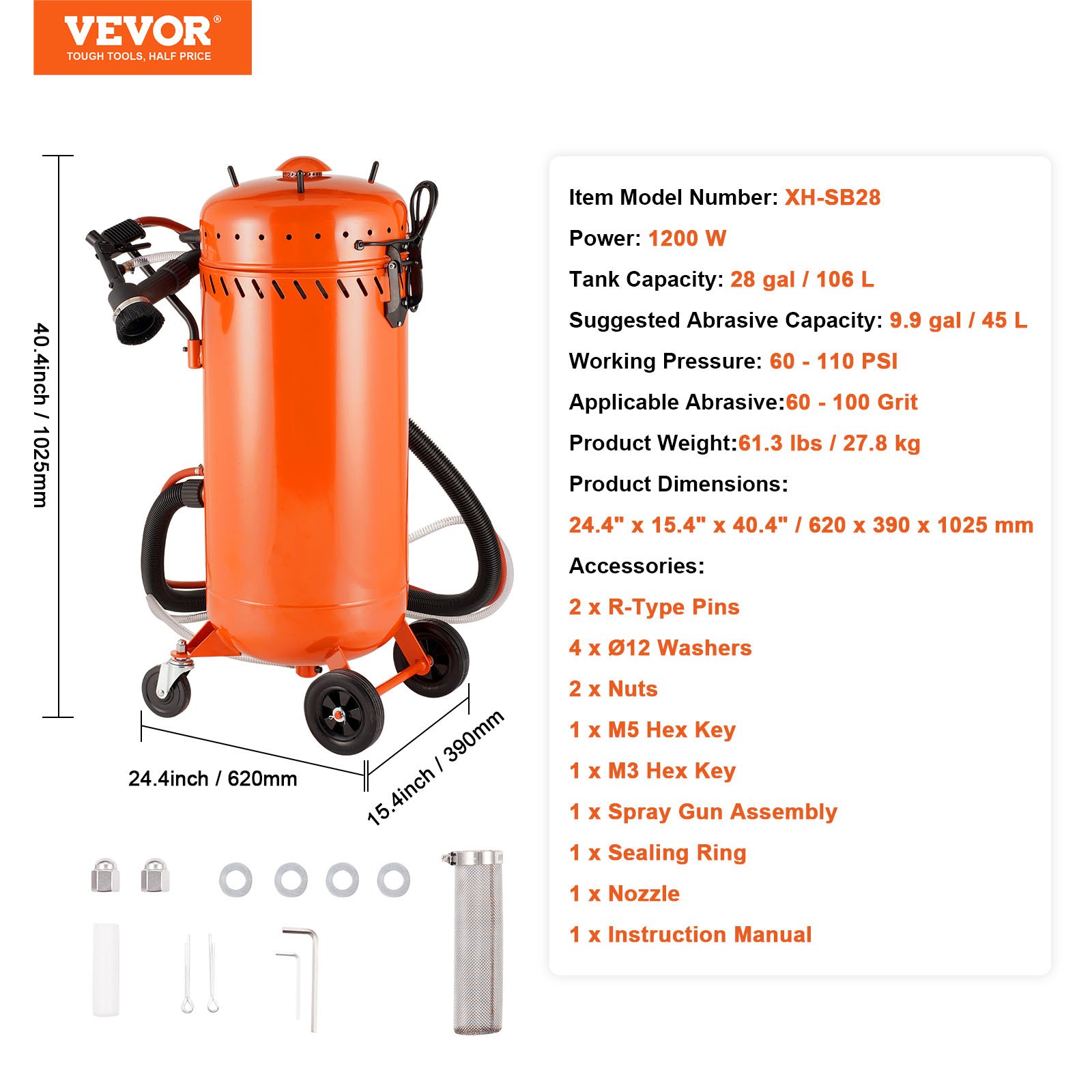 VEVOR 28-gallon vacuum sandblaster, dust-free sandblaster with built-in 1200W vacuum system for dust control and abrasive recirculation, 60-110 PSI high-performance blasting unit