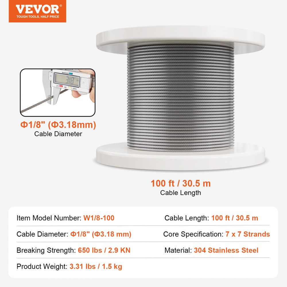 VEVOR Kit de Cables de 3,18 mm Cable de Acero Inoxidable 304 de 30,5 m con 59 Accesorios, Resistencia a la Rotura de 2,9 KN, 7 x 7 Hebras, Cable de Grado de Construcción para Aeronaves para Pasamanos
