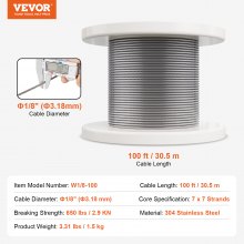 VEVOR Cable de 30,5m Cable de Acero Inoxidable T304 de 3,18 mm para Barandilla