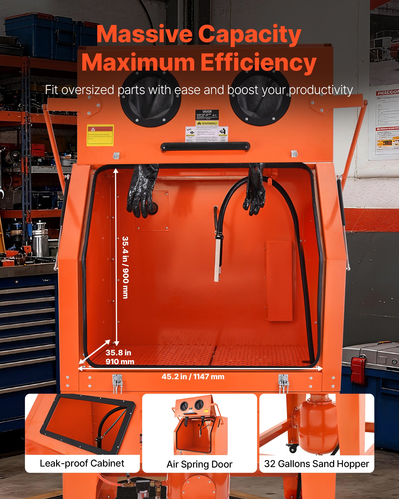 VEVOR Cabina de Arenado de 927 L, con Tanque Presurizado, de Acero Resistente, con Tolva de Abrasivo 121 L y Colector de Polvo 1,6 HP, para el Acabado de Superficies de Piezas de Gran Tamaño