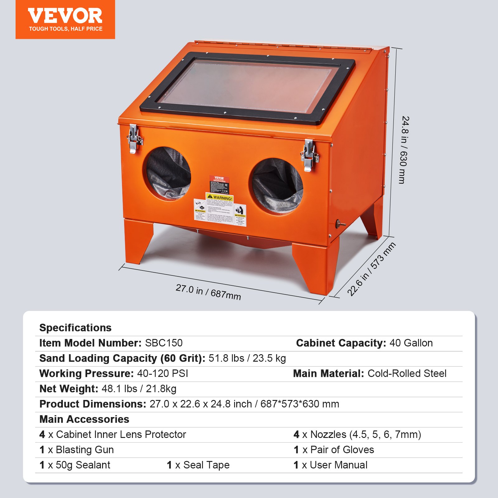 VEVOR Gabinete de chorro de arena, gabinete de chorro de arena portátil de 151,6 L de 40 a 120 PSI, chorro de arena de acero resistente con pistola de chorro de arena y 4 boquillas de cerámica