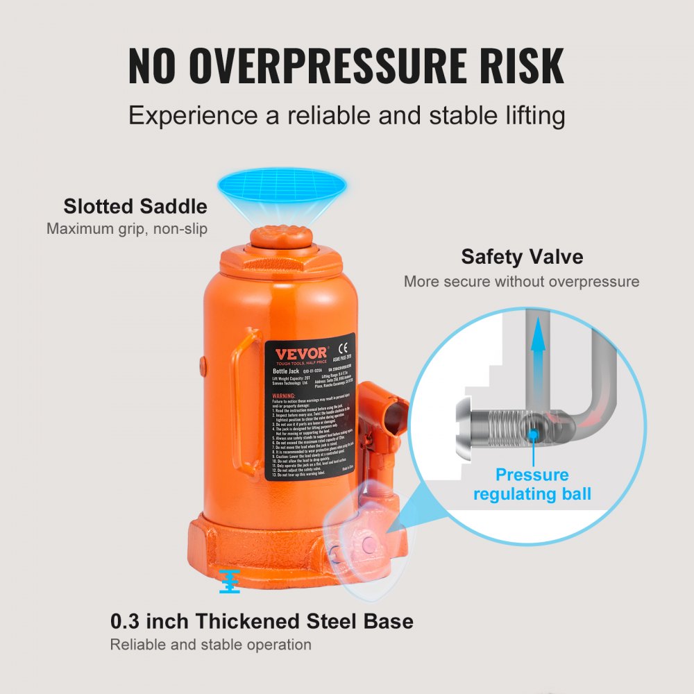 VEVOR Gato Hidráulico de Botella Capacidad de 20 T Rango de Elevación de 240-450 mm Gato Hidráulico de Elevación con Mango Largo para Reparación de Autos Levantar Coches SUVs Pick-ups Taller Garaje