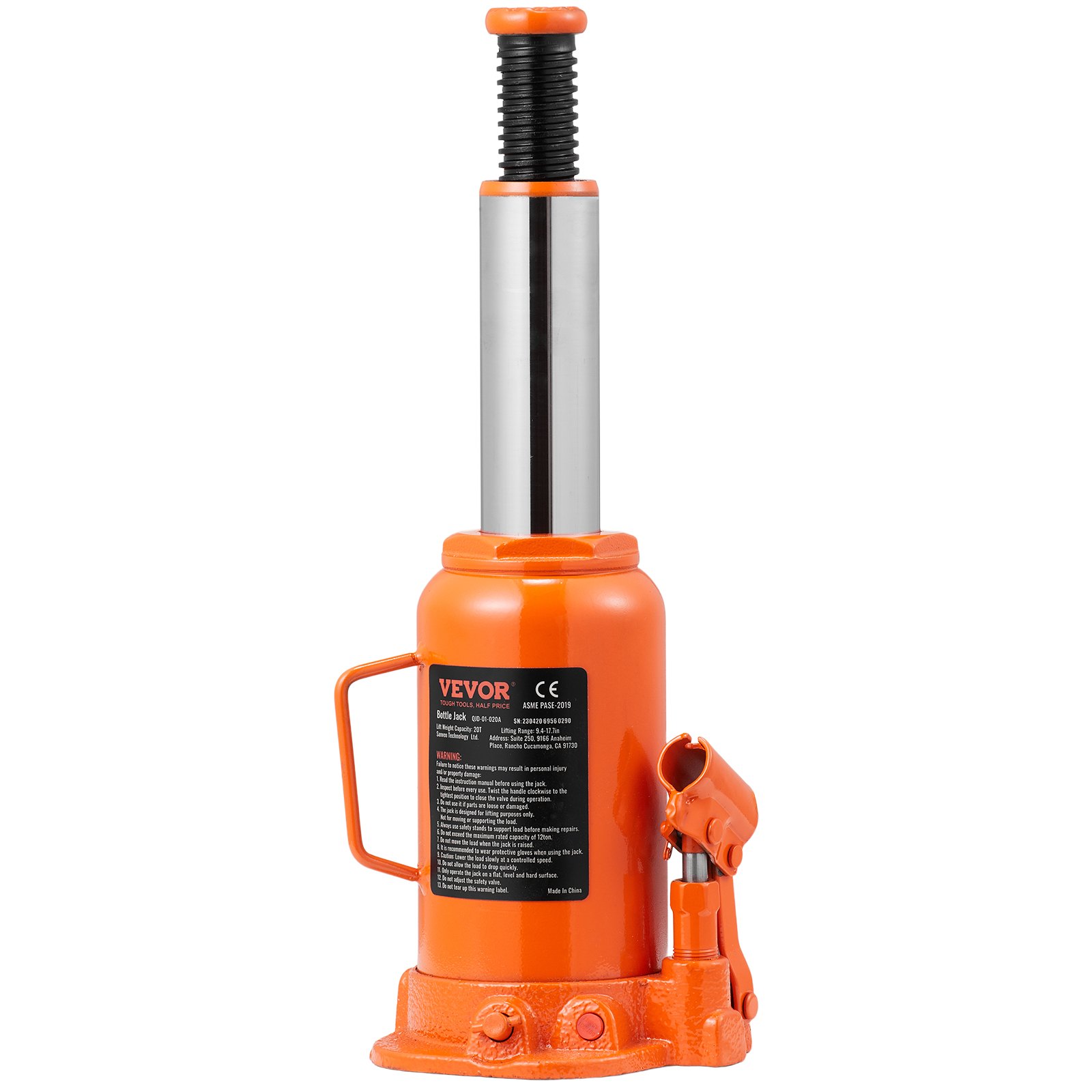 VEVOR Gato Hidráulico de Botella Capacidad de 20 T Rango de Elevación de 240-450 mm Gato Hidráulico de Elevación con Mango Largo para Reparación de Autos Levantar Coches SUVs Pick-ups Taller Garaje