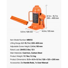 VEVOR Gato Hidráulico de Suelo 12 T, con Alcance de Elevación de 205-400 mm, para Coches, SUV, Camionetas, Talleres Mecánicos, Ascensores Domésticos y Maquinaria Agrícola, Naranja, 128 x 125 x 205 mm