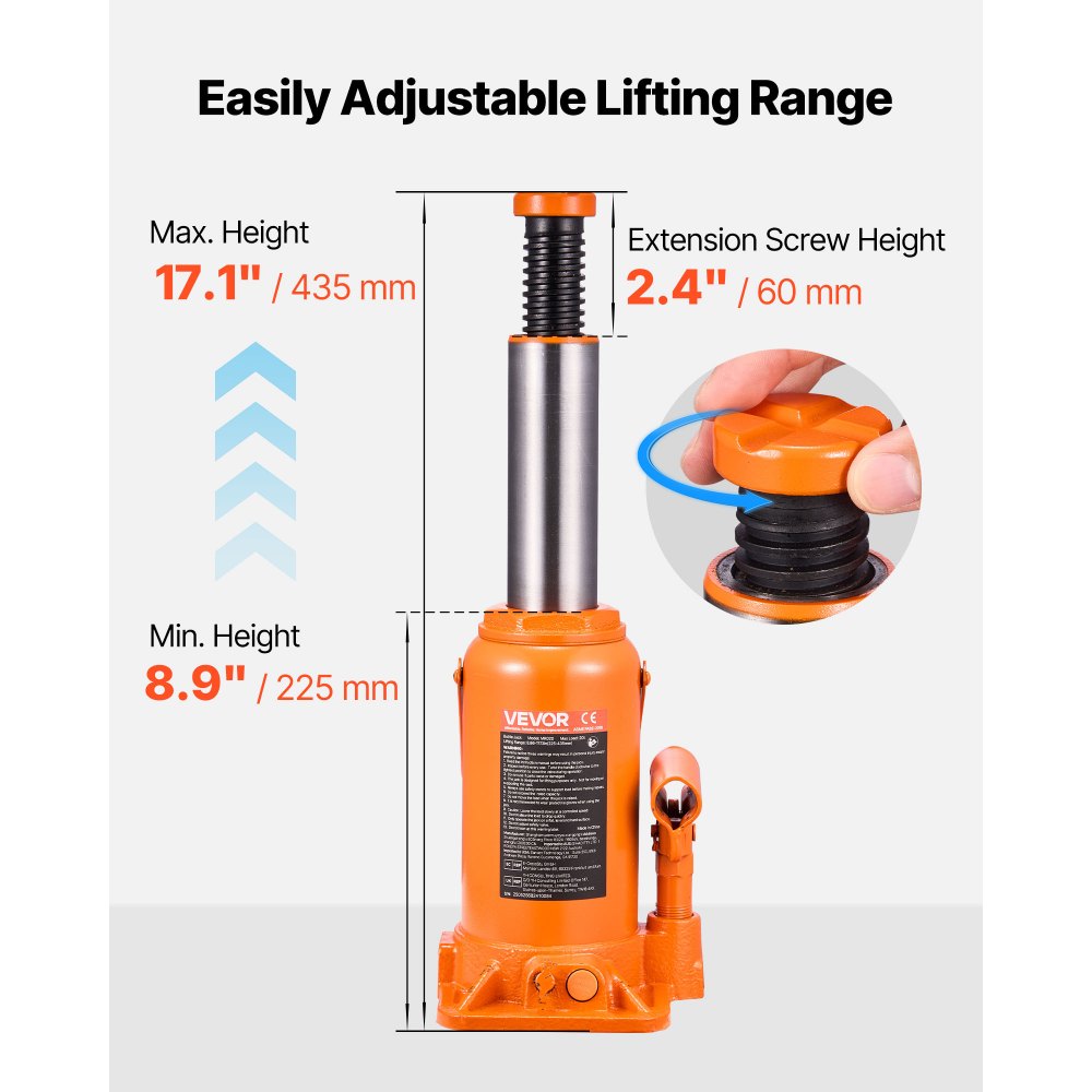 VEVOR Gato Hidráulico de Suelo 20 T, Elevación 225-435 mm, Resistente, para Coches, SUV, Camionetas, Reparación Automóviles, Elevadores Domésticos, Equipos Agrícolas, Naranja, 140 x 140 x 225 mm