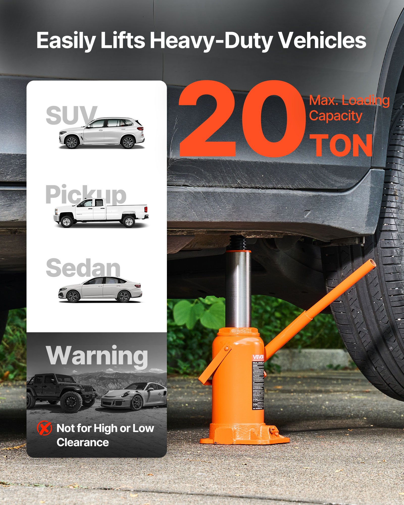 VEVOR Gato Hidráulico de Suelo 20 T, Elevación 225-435 mm, Resistente, para Coches, SUV, Camionetas, Reparación Automóviles, Elevadores Domésticos, Equipos Agrícolas, Naranja, 140 x 140 x 225 mm