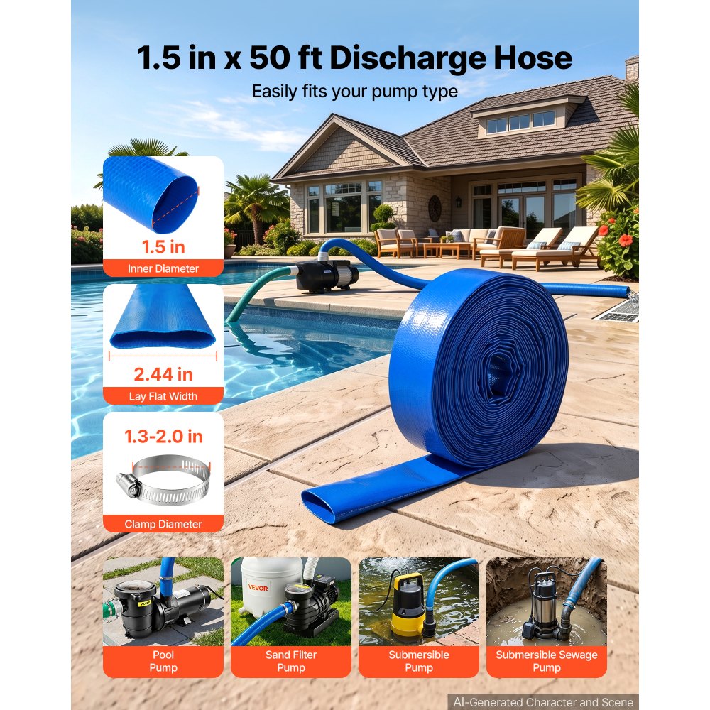VEVOR Manguera de Descarga de PVC, 3,81 cm x 15,2 m, Manguera Plana, Resistente a la Intemperie y a las Roturas, Duradero, con Abrazaderas, para Filtro de Arena y Bomba de Sumidero de Piscinas, Azul