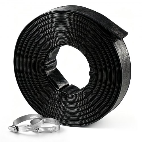 VEVOR Manguera de Descarga de PVC, 5,08 cm x 30,48 m, Manguera Plana, Resistente a la Intemperie y a las Roturas, Duradero, con Abrazaderas, para Filtro de Arena y Bomba de Sumidero de Piscinas, Negro