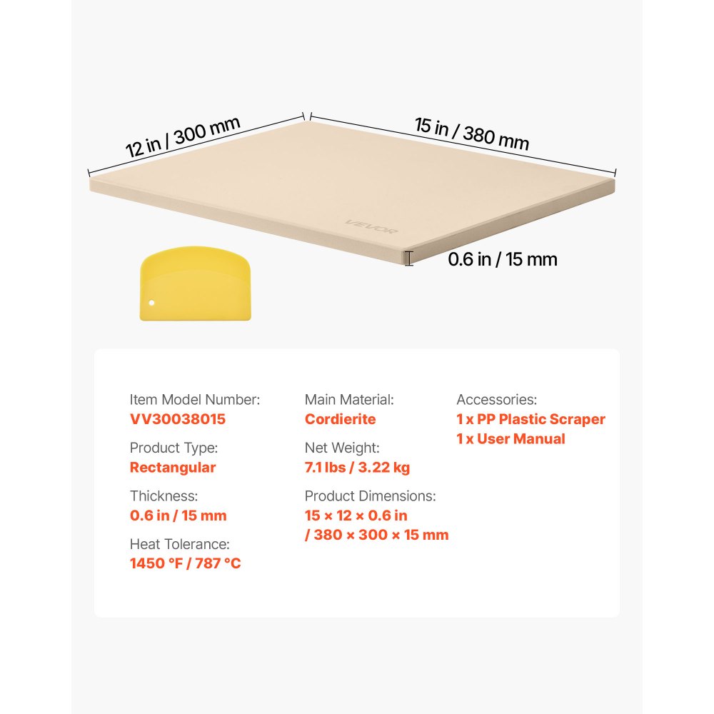VEVOR Piedra para Hornear Pizza de 38 x 30 cm, Rectangular de Cordierita, Placa Extragrande con Raspador, 1,5 cm de Grosor, Resistente al Calor, Apta para Cocina, Horno, Pan, Pizza y Parrilla