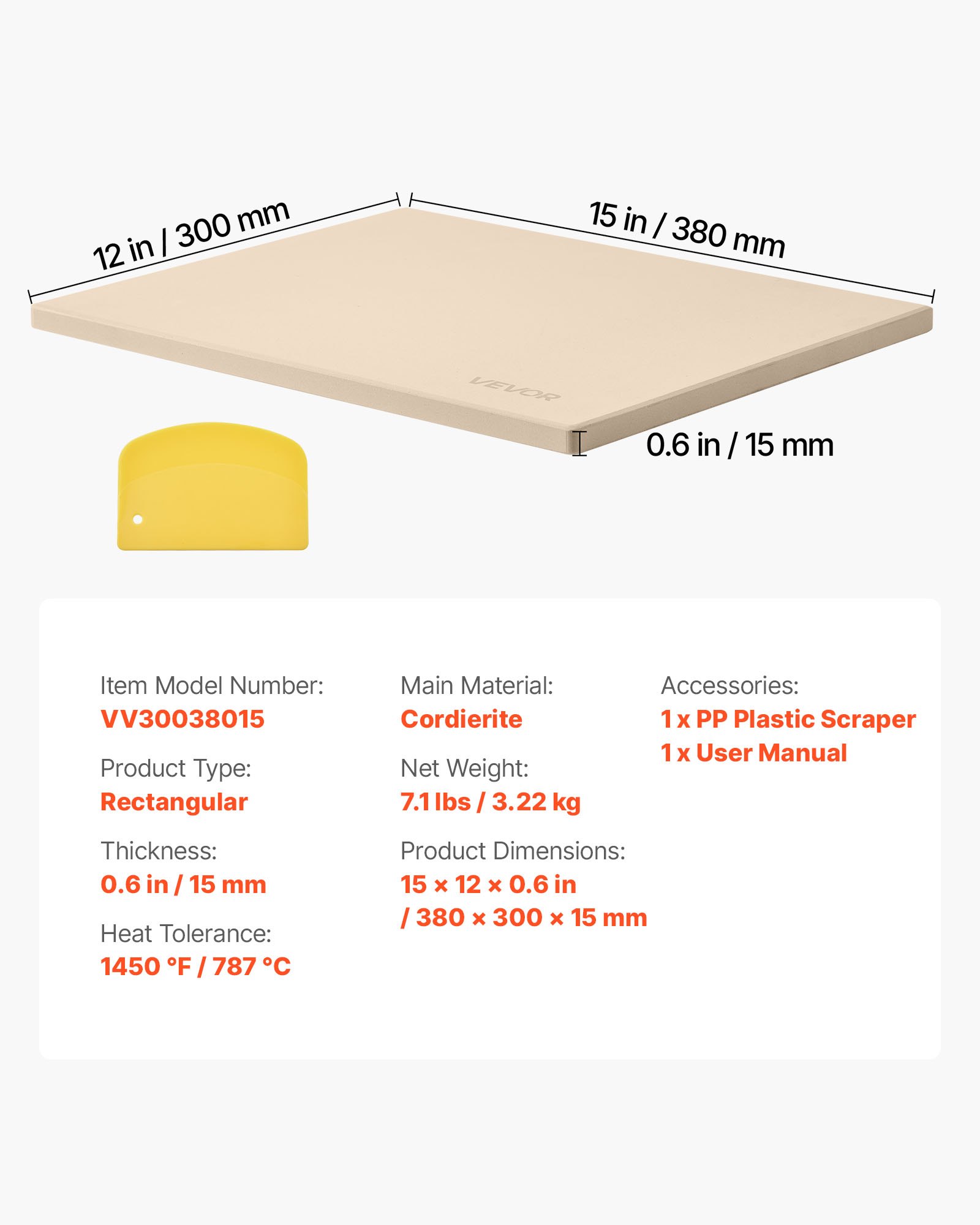 VEVOR Piedra para Hornear Pizza de 38 x 30 cm, Rectangular de Cordierita, Placa Extragrande con Raspador, 1,5 cm de Grosor, Resistente al Calor, Apta para Cocina, Horno, Pan, Pizza y Parrilla