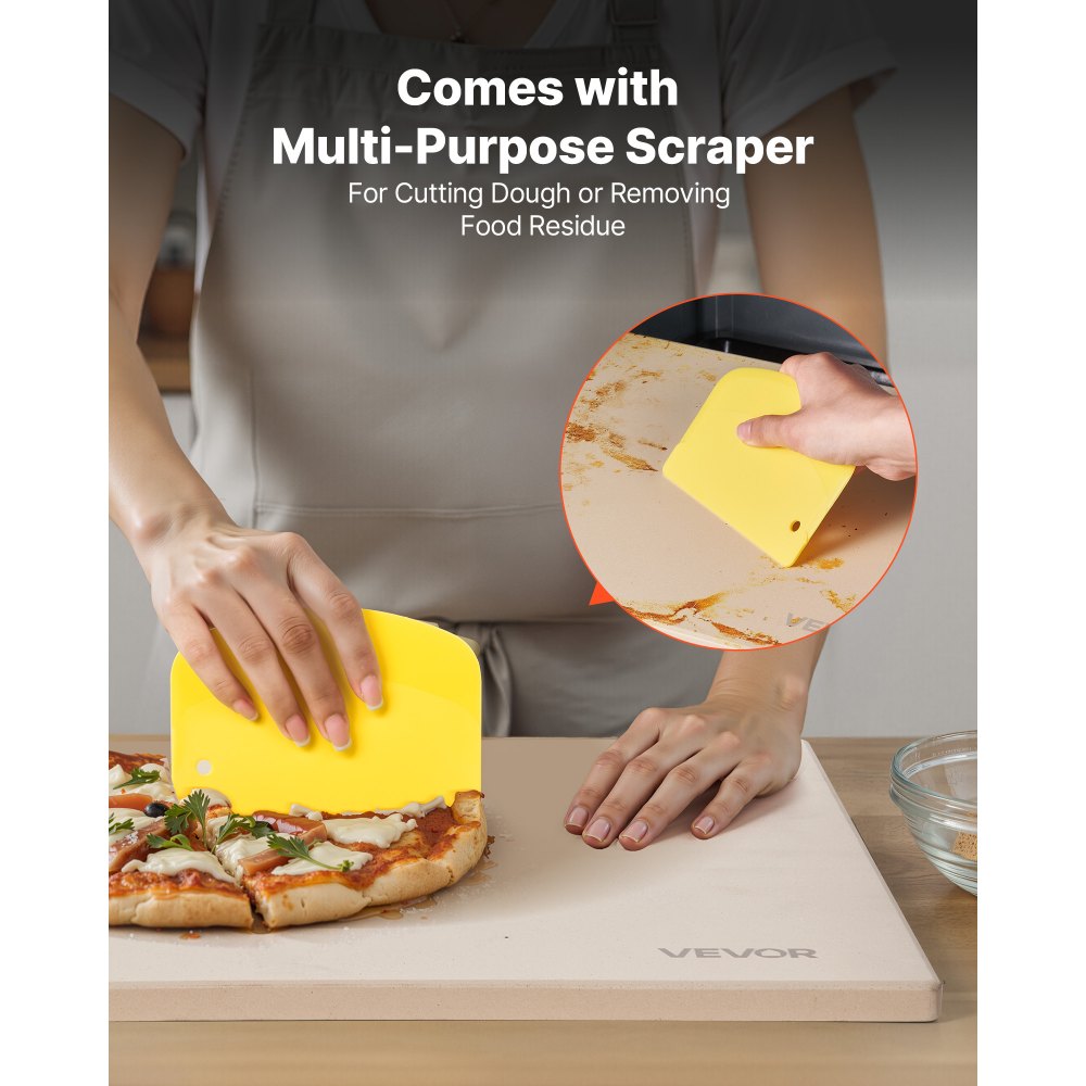 VEVOR Piedra para Hornear Pizza 406 x 355 mm, Rectangular de Cordierita, Placa Grande con Raspador, 1,5 cm de Grosor, Resistente al Calor 787 °C, Apta para Cocina, Horno, Pan, Pizza y Parrilla