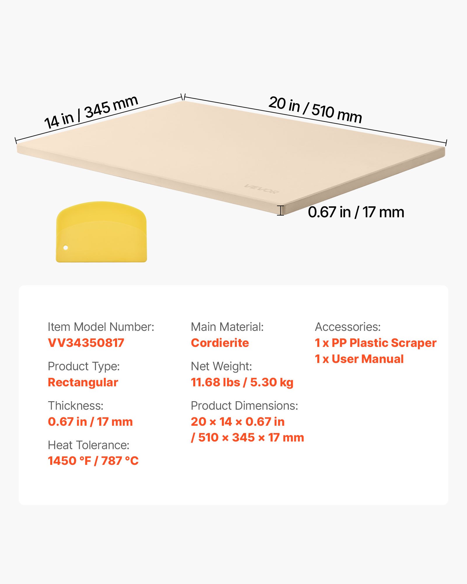 VEVOR Piedra para Hornear Pizza de 508 x 355 mm, Rectangular de Cordierita, Placa Extragrande con Raspador, 17 mm de Grosor, Resistente al Calor, Apta para Cocina, Horno, Pan, Pizza y Parrilla