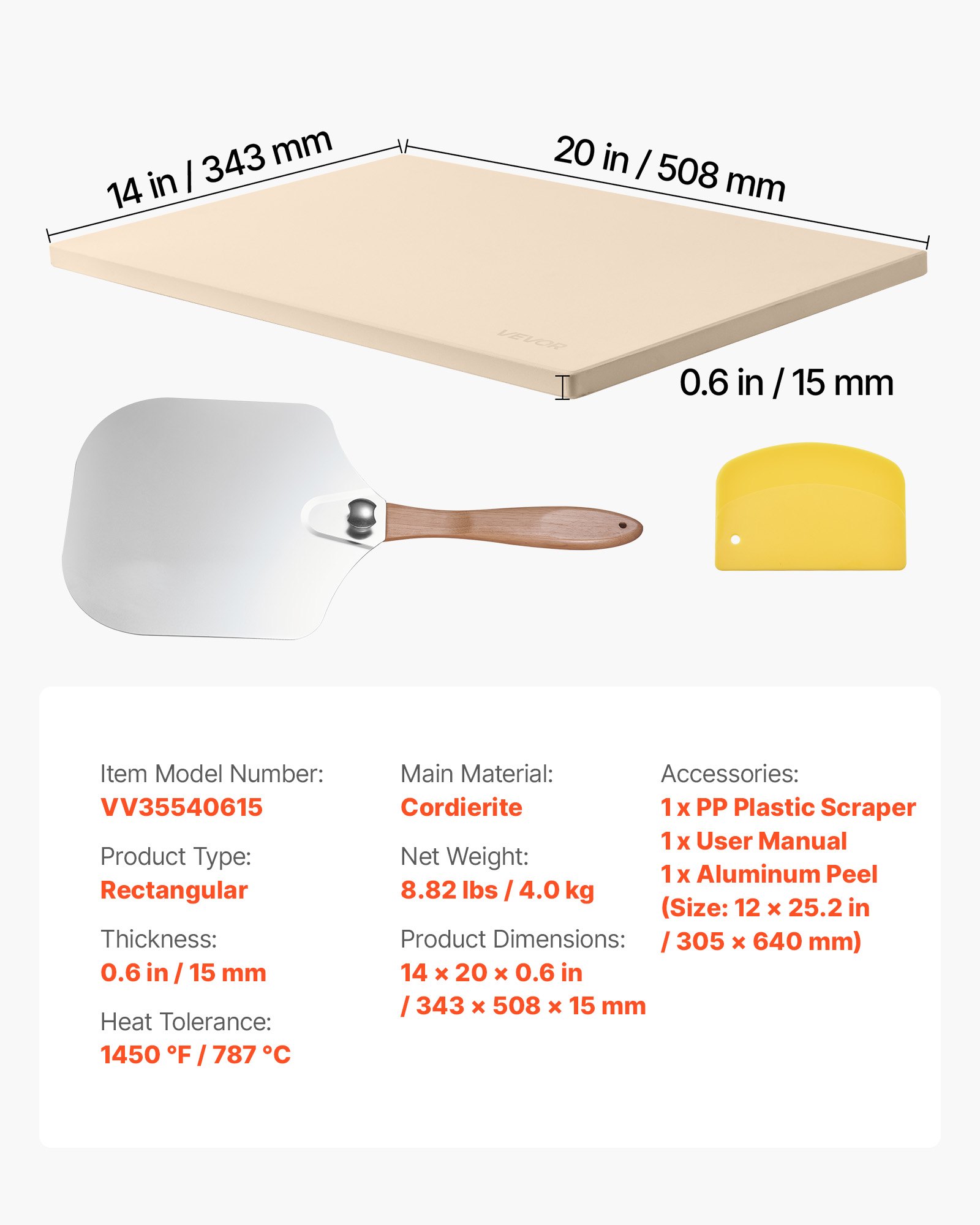 VEVOR Piedra para Hornear Pizza de 508 x 355 mm, Rectangular de Cordierita, Placa Extragrande con Raspador y Pala, 1,5 cm de Grosor, Resistente al Calor hasta 787 °C, para Horno, Pan y Pizza