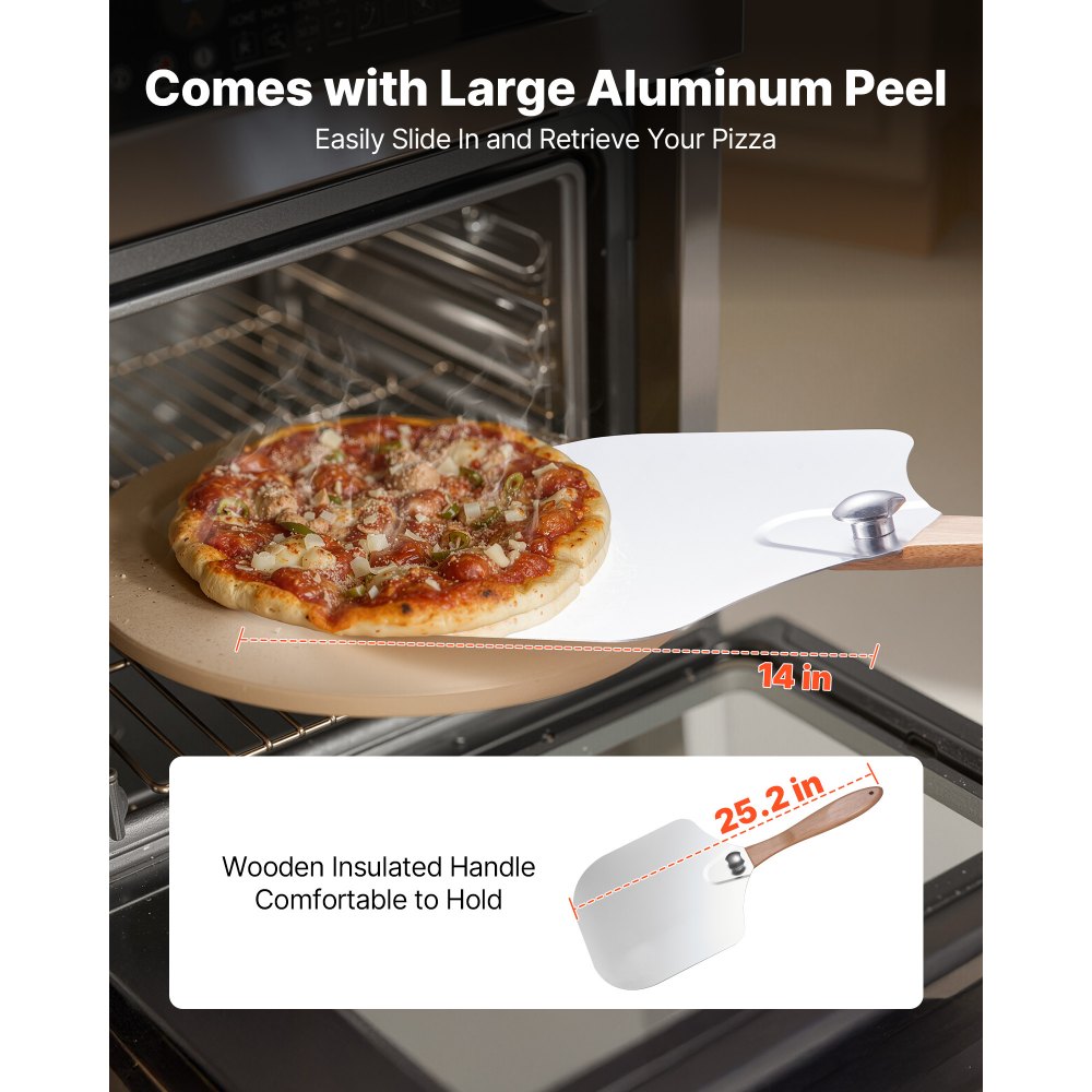VEVOR Piedra para Hornear Pizza de 381 x 381 mm, Redonda de Cordierita, Placa Grande con Raspador y Pala de Aluminio, 17 mm de Grosor, Resistente al Calor 787 °C, Apta para Horno, Pan y Pizza