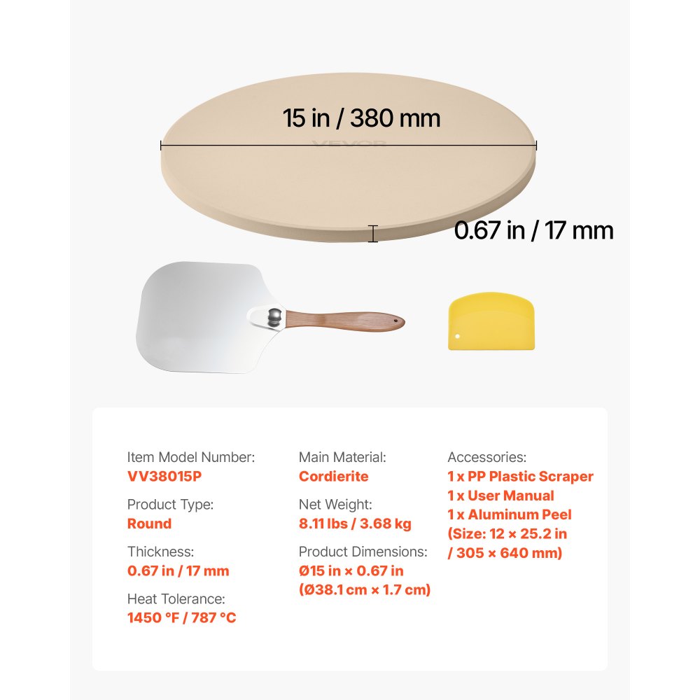 VEVOR Piedra para Hornear Pizza de 381 x 381 mm, Redonda de Cordierita, Placa Grande con Raspador y Pala de Aluminio, 17 mm de Grosor, Resistente al Calor 787 °C, Apta para Horno, Pan y Pizza