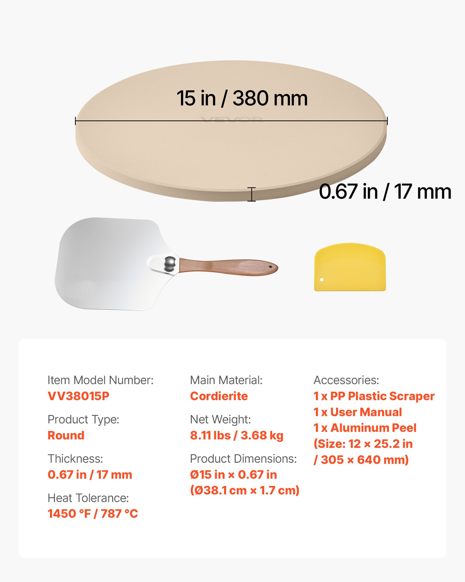 VEVOR Piedra para Hornear Pizza de 381 x 381 mm, Redonda de Cordierita, Placa Grande con Raspador y Pala de Aluminio, 17 mm de Grosor, Resistente al Calor 787 °C, Apta para Horno, Pan y Pizza