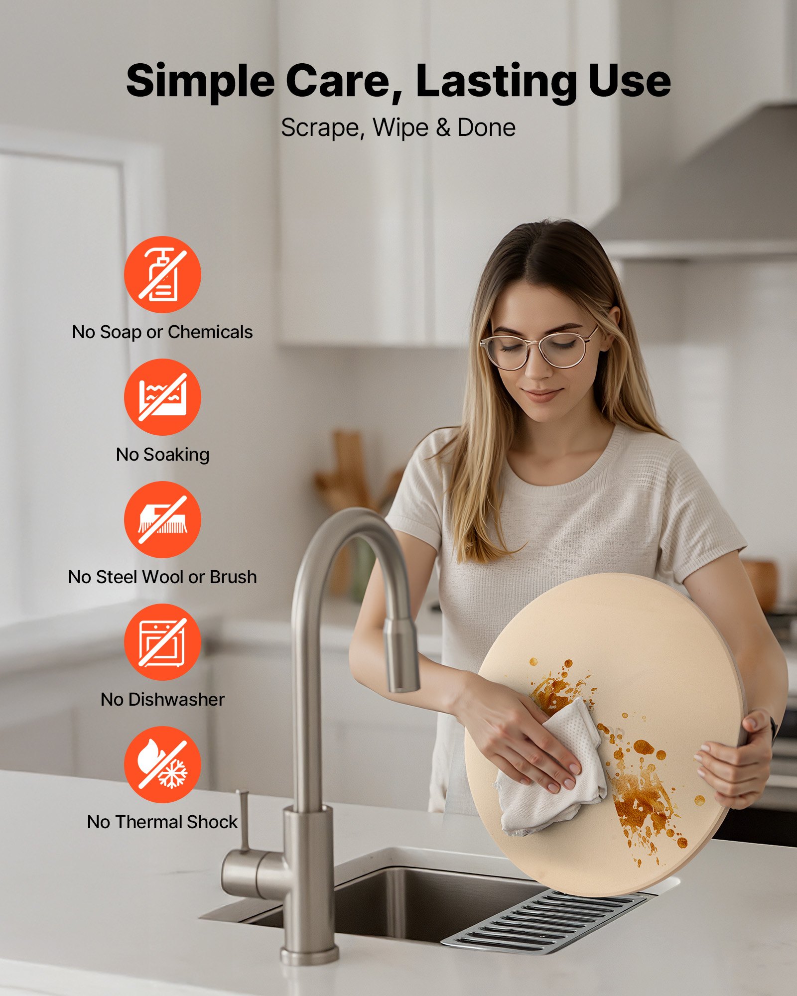 VEVOR Piedra para Hornear Pizza de 381 x 381 mm, Redonda de Cordierita, Placa Grande con Raspador y Pala de Aluminio, 17 mm de Grosor, Resistente al Calor 787 °C, Apta para Horno, Pan y Pizza