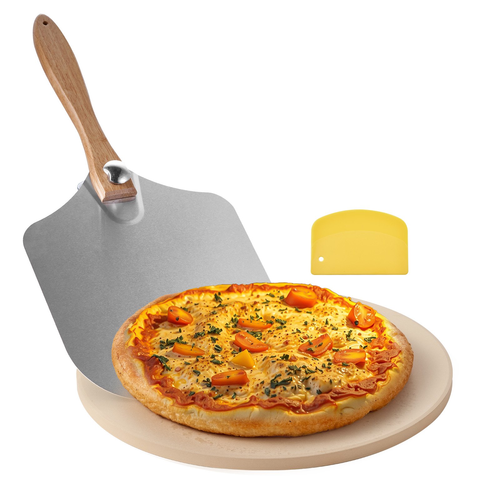 VEVOR Piedra para Hornear Pizza de 381 x 381 mm, Redonda de Cordierita, Placa Grande con Raspador y Pala de Aluminio, 17 mm de Grosor, Resistente al Calor 787 °C, Apta para Horno, Pan y Pizza