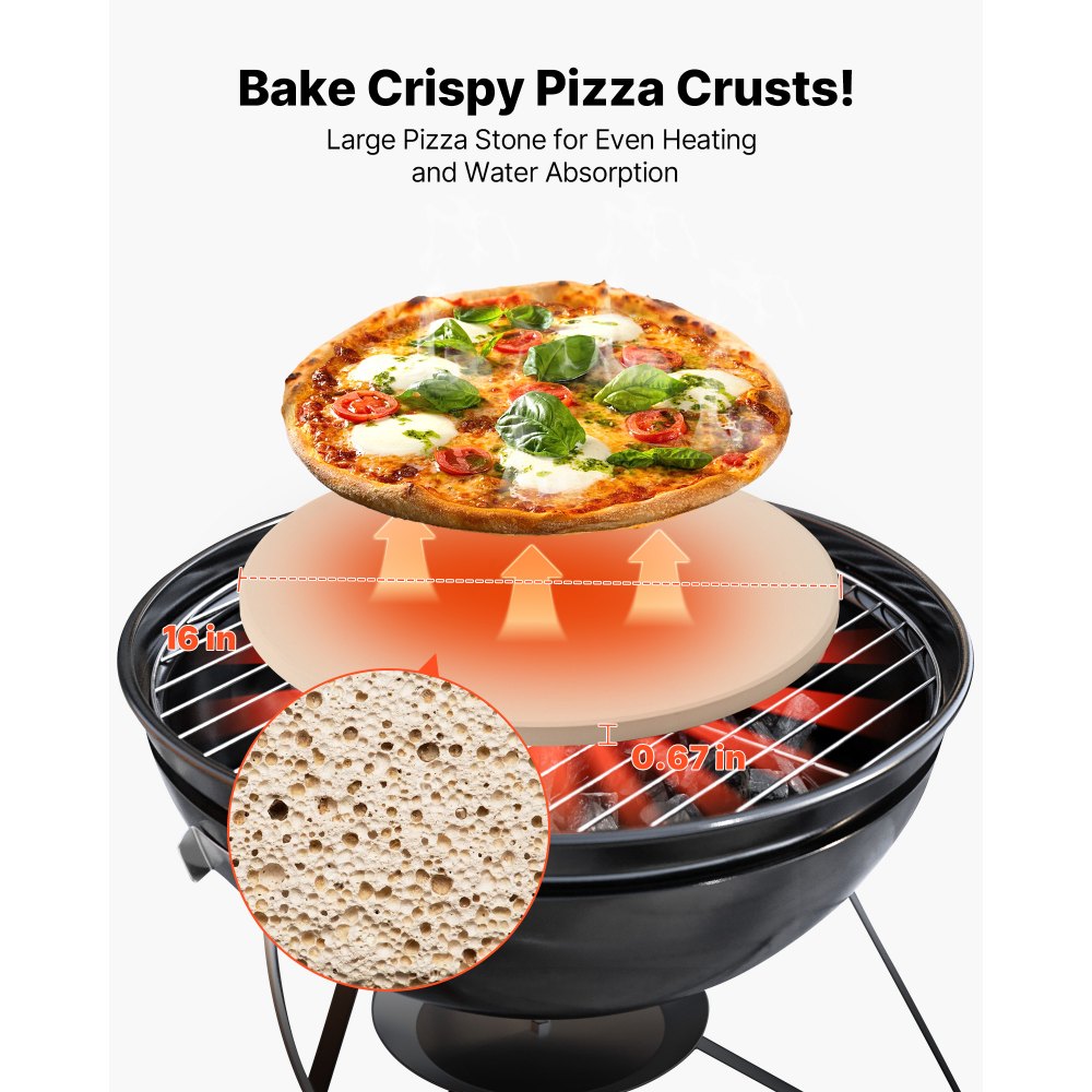 VEVOR Piedra para Hornear Pizza de 406 x 406 mm, Redonda de Cordierita, Extragrande con Raspador y Soporte, 17 mm de Grosor, Resistente al Calor, Ideal para Cocina, Horno, Pan, Pizza y Parrilla