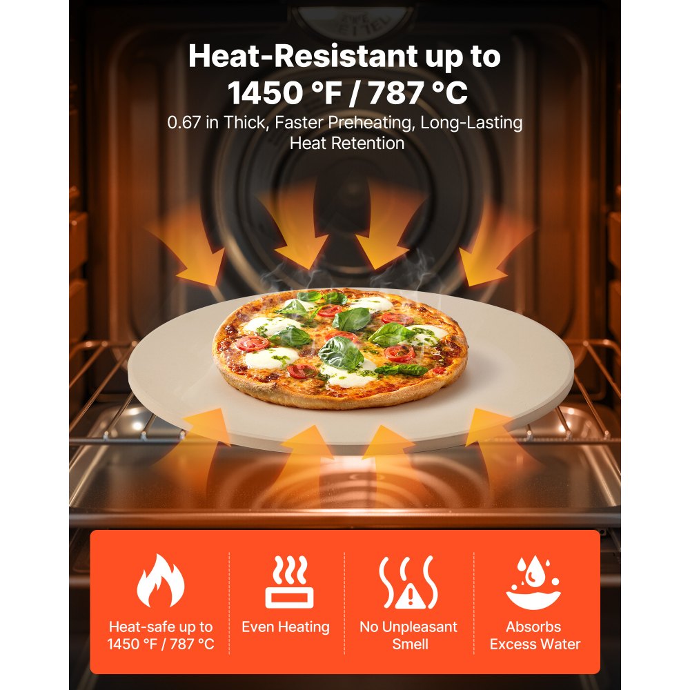 VEVOR Piedra para Hornear Pizza de 406 x 406 mm, Redonda de Cordierita, Extragrande con Raspador y Soporte, 17 mm de Grosor, Resistente al Calor, Ideal para Cocina, Horno, Pan, Pizza y Parrilla